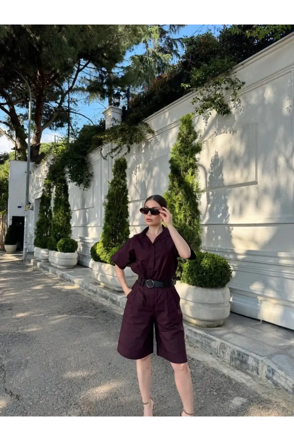 Kadın Yakalı Gömlek Kemerli Şortlu Takım - Bordo