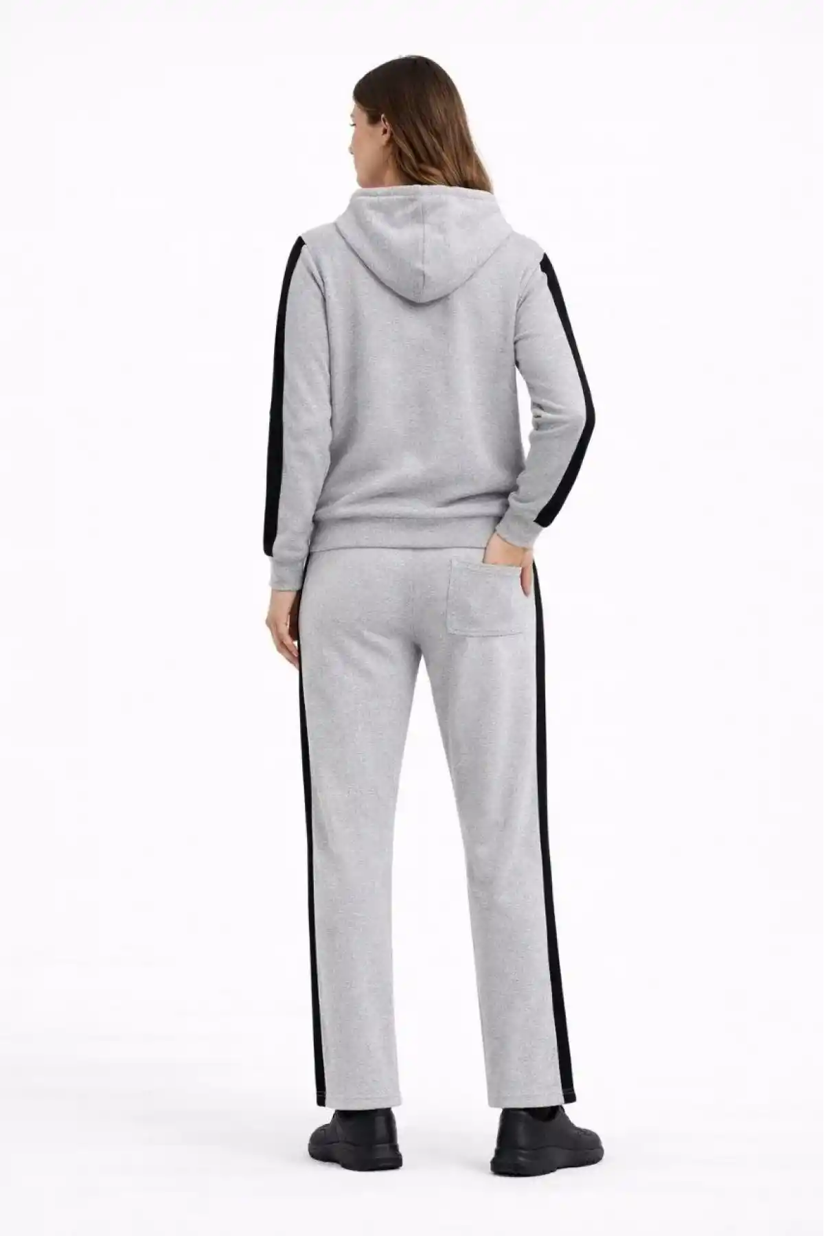 KADIN Yandan Şeritli Eşofman Takım Kapüşonlu Sweatshirt Boru Paça Alt Oversize 3 - Gri