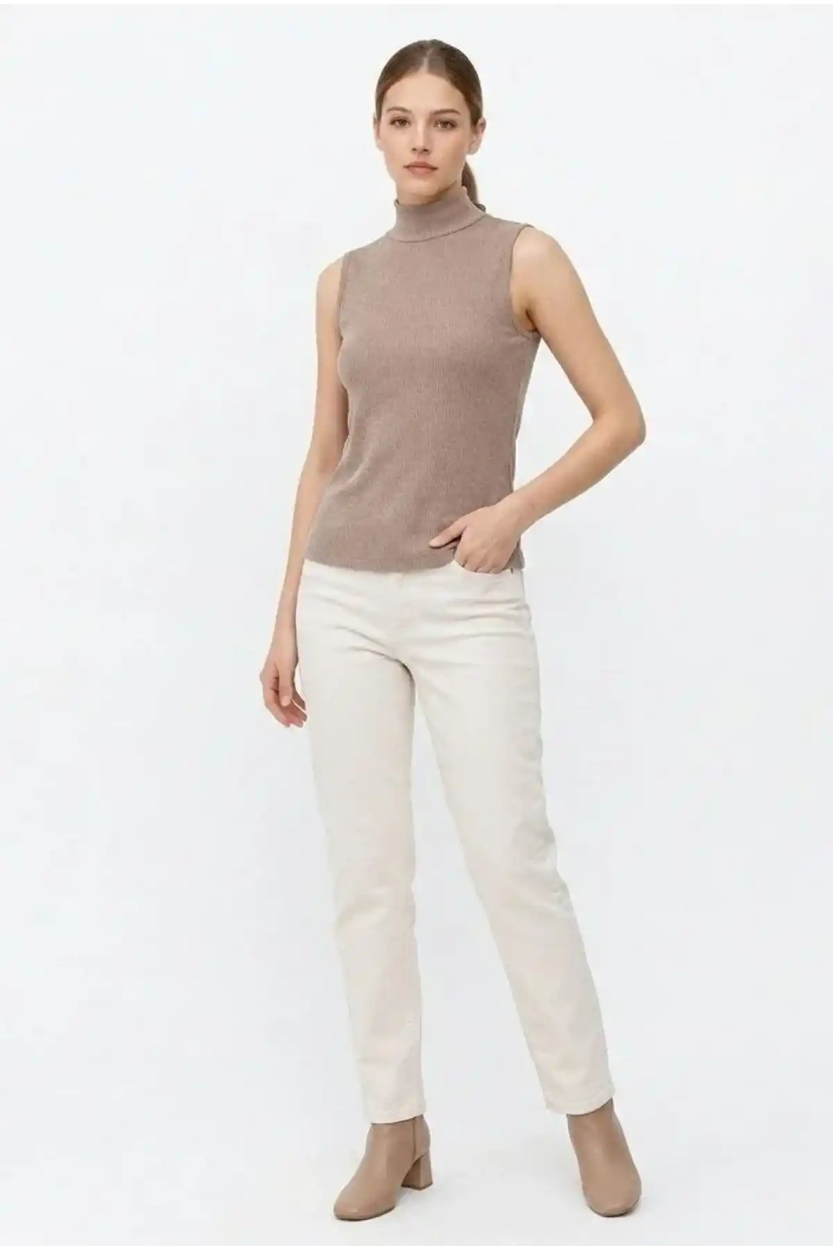 Kadın Yarım Balıkçı Yaka Fitilli Kaşkorse Atlet Basic Şık Bluz Badi - Bej