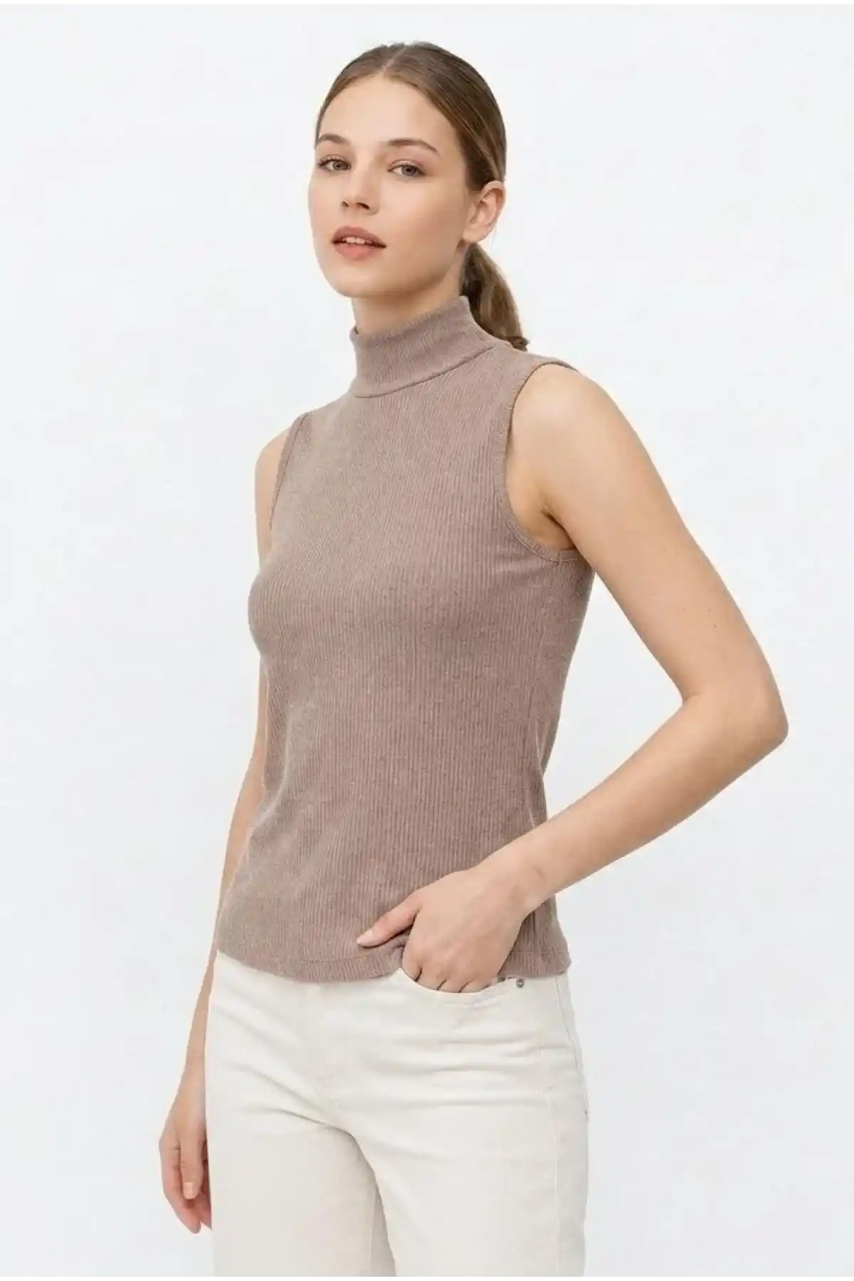 Kadın Yarım Balıkçı Yaka Fitilli Kaşkorse Atlet Basic Şık Bluz Badi - Bej