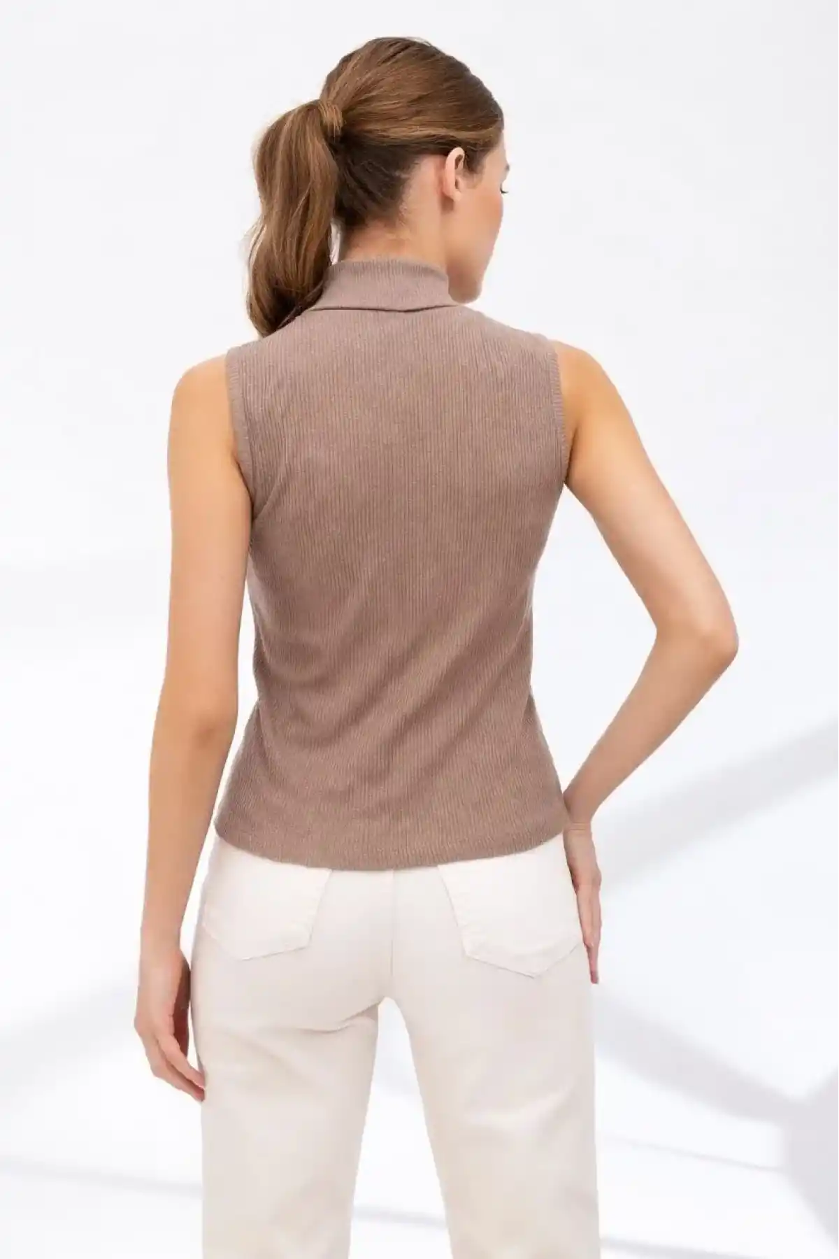 Kadın Yarım Balıkçı Yaka Fitilli Kaşkorse Atlet Basic Şık Bluz Badi - Bej