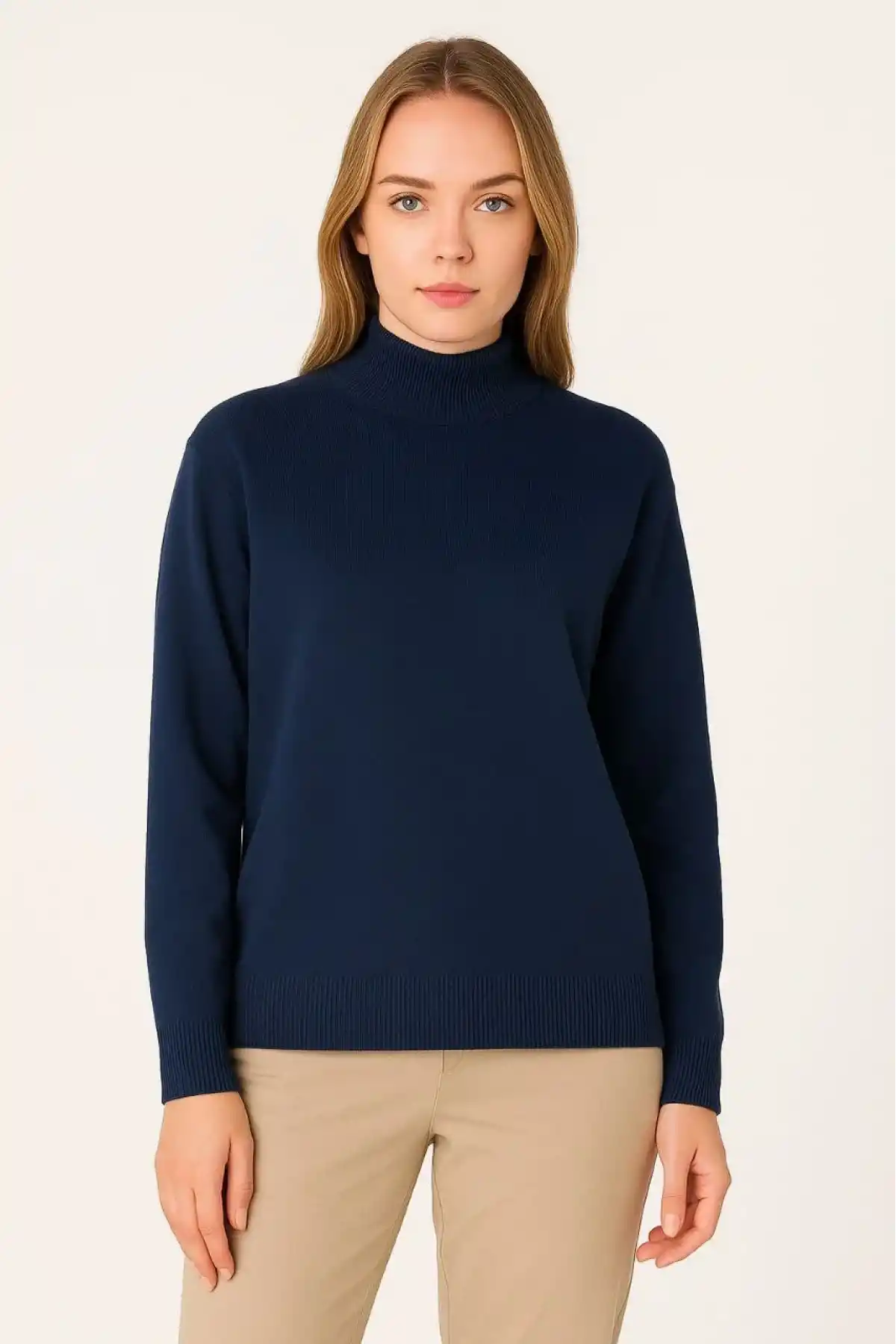 Kadın Yarım Boğaz Triko Kazak yumuşak dokulu Pamuklu ince Dokuma, uzun kollu Rahat Regular kalıp - Lacivert