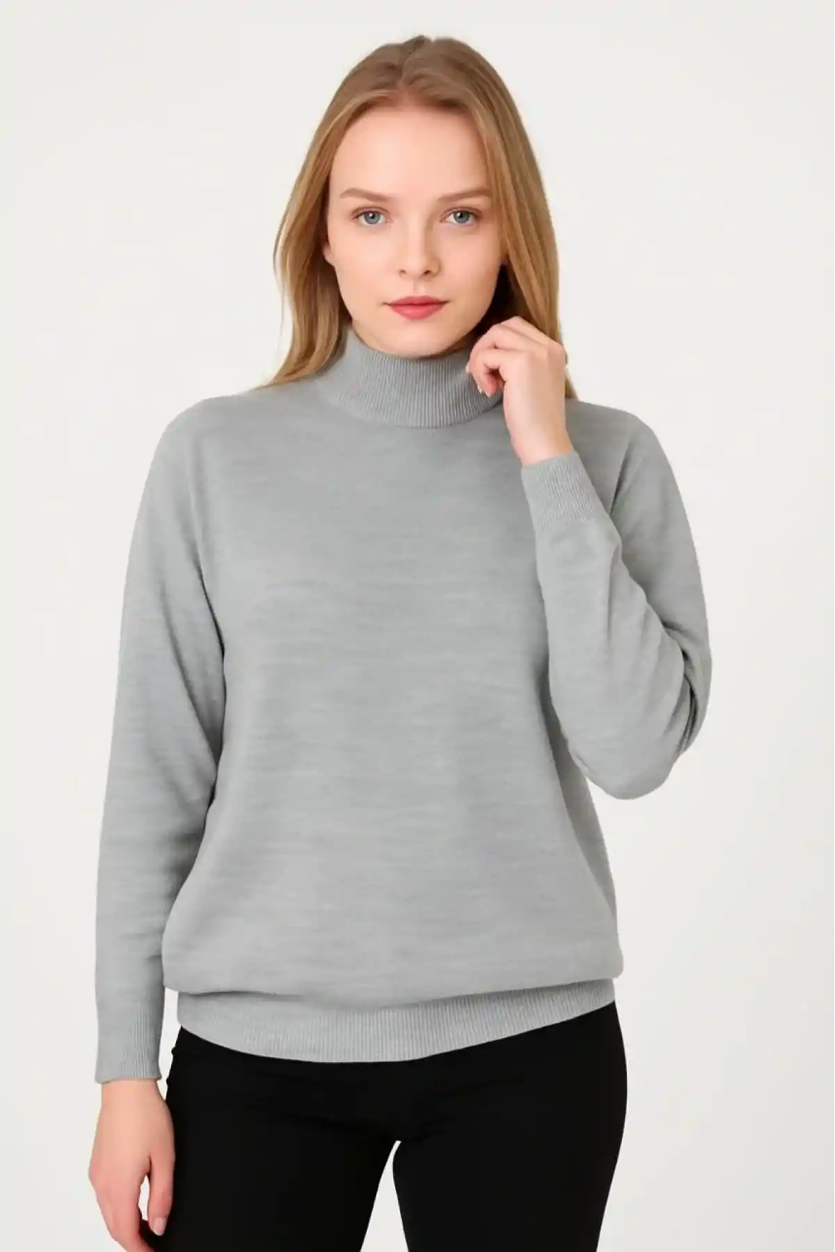 Kadın Yarım Boğaz Triko Kazak yumuşak dokulu Pamuklu ince Dokuma uzun kollu Regular - Gri