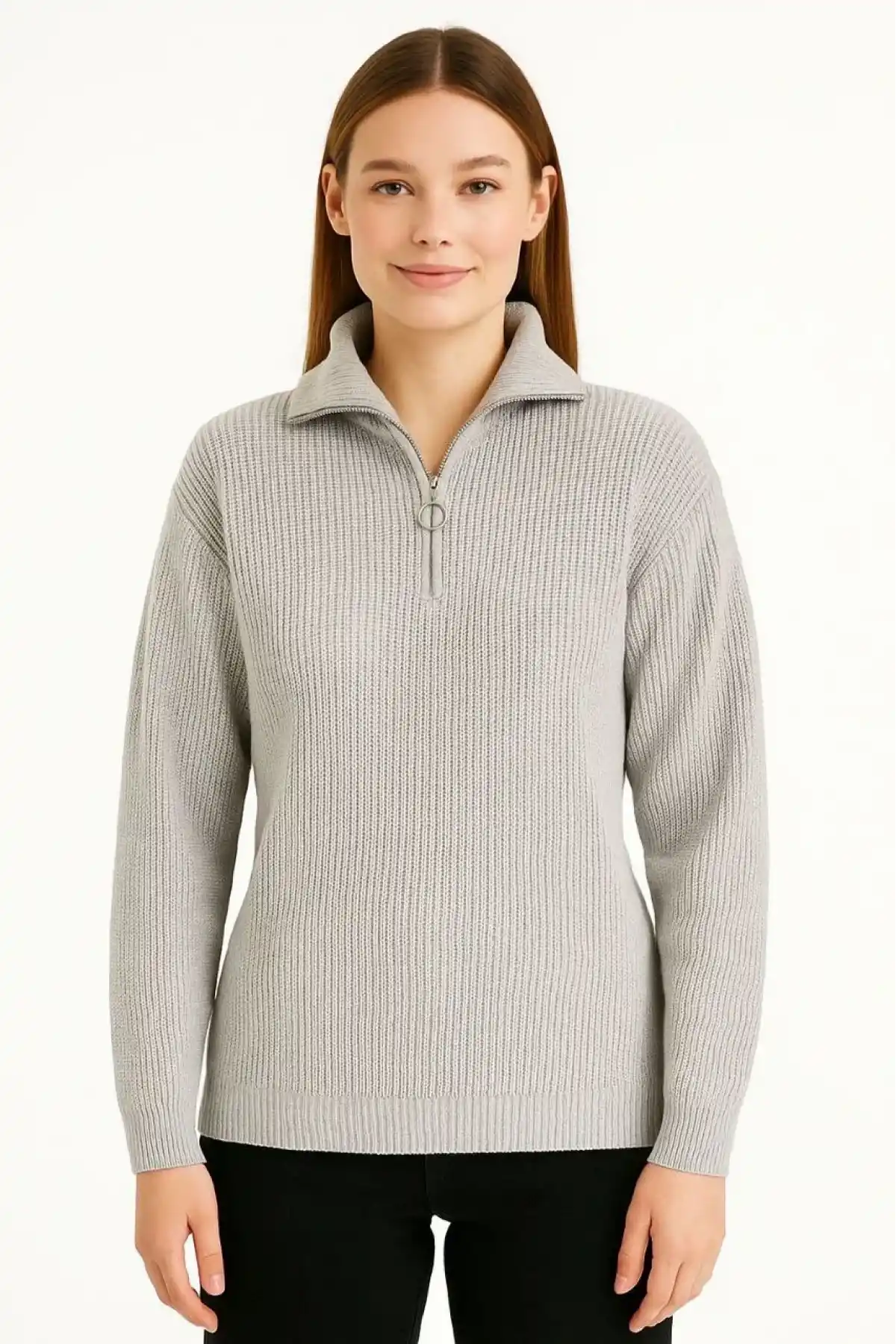 KADIN Yarım Fermuarlı Triko Kazak – Selanik Örgü, Dik Yaka, Pamuklu Dokuma, Regular Fit Uzun Kollu Kışlık Model - Gri
