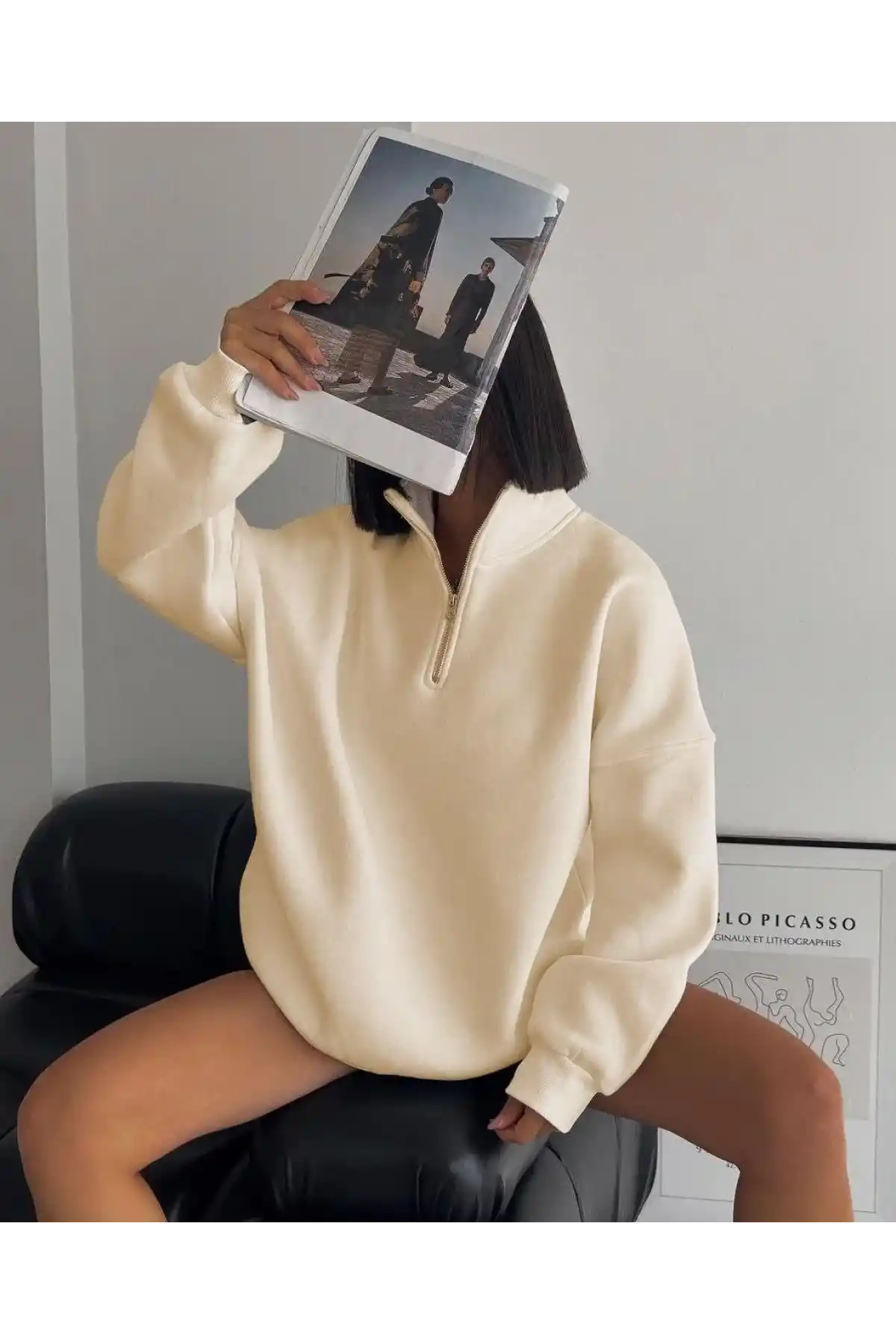 Kadın Yarım Fermuarlı Üç İplik Sweatshirt - Bej