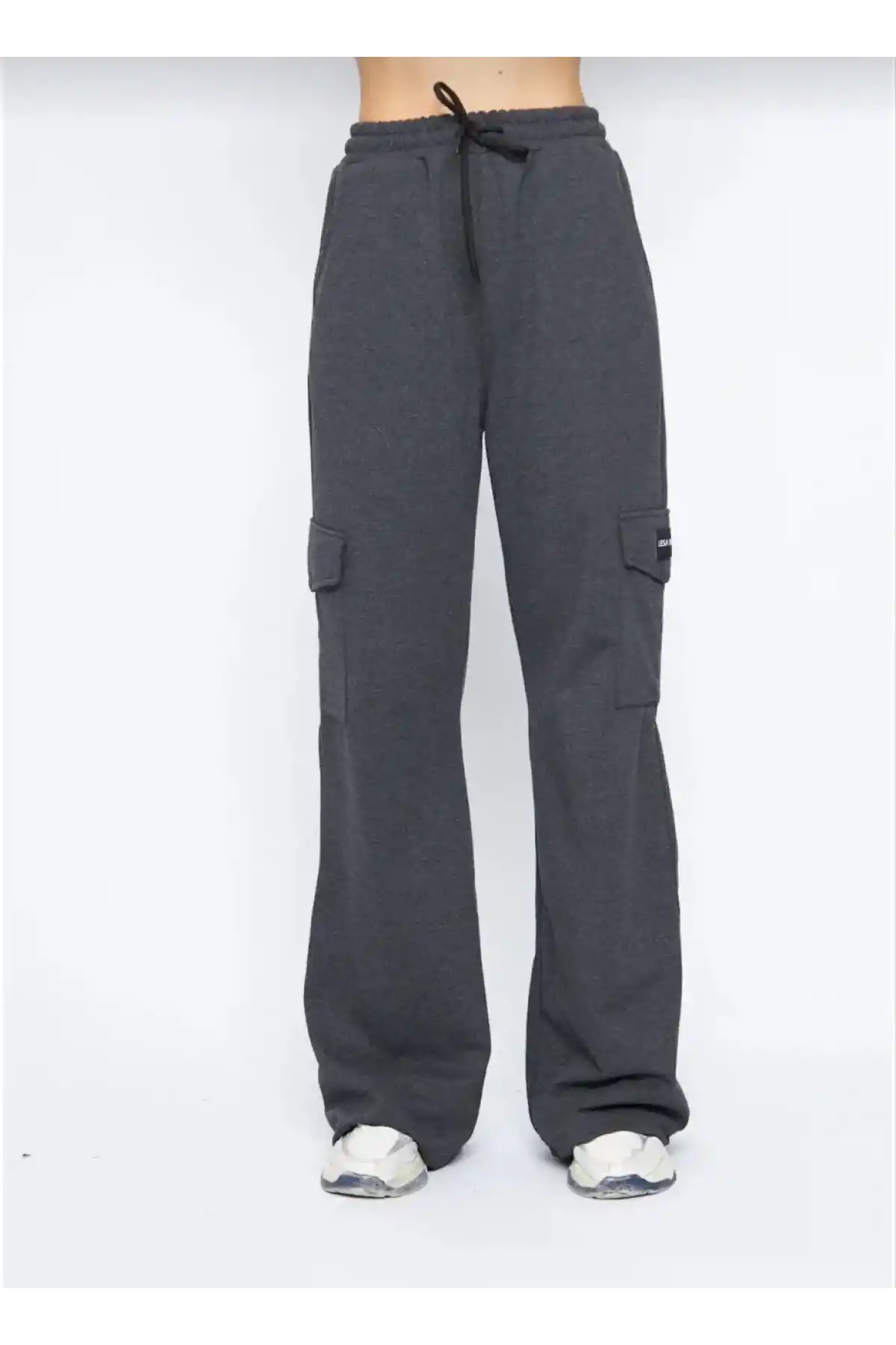 Kadın Yüksek Bel Kargo Cepli Palazzo Pantolon Oversize Bol Paça İki İplik Rahat Kesim - Antrasit