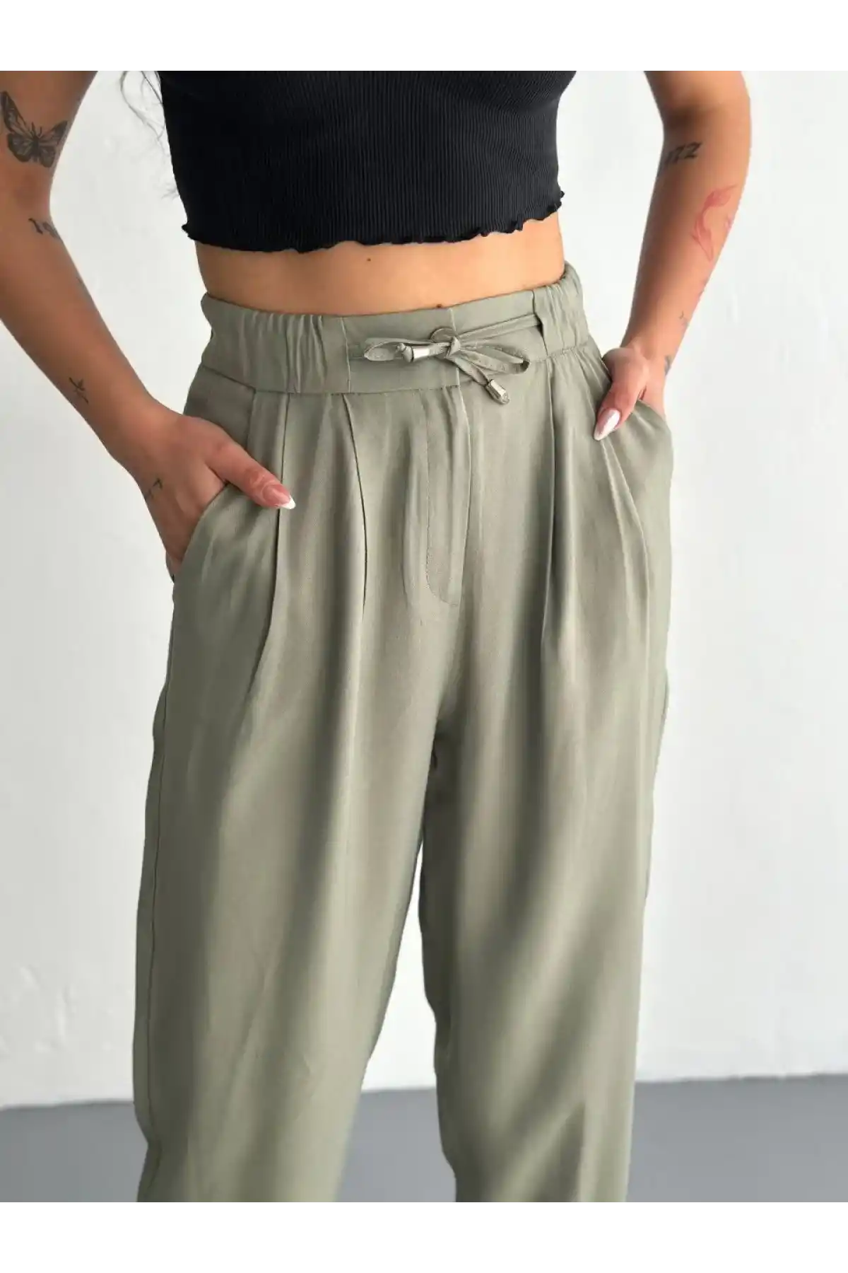 Kadın Yüksel Bel Beli Bağcıklı Cepli Rahat Paça Pantalon - Su Yeşili