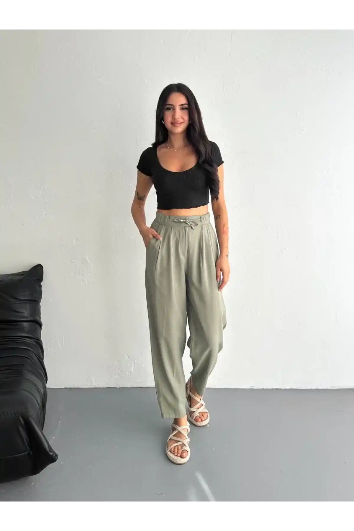 Kadın Yüksel Bel Beli Bağcıklı Cepli Rahat Paça Pantalon - Su Yeşili