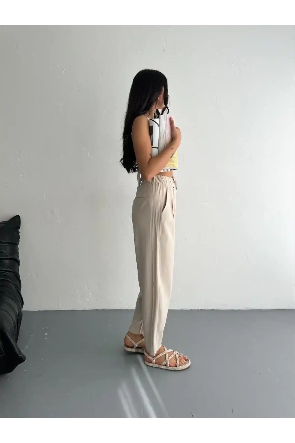 Kadın Yüksel Bel Beli Bağcıklı Rahat Boru Paça Pantalon - Kırık Beyaz