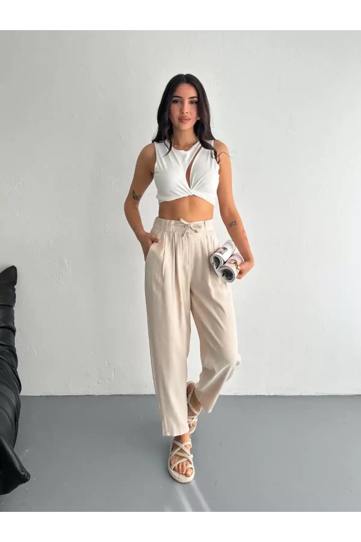 Kadın Yüksel Bel Beli Bağcıklı Rahat Boru Paça Pantalon - Kırık Beyaz