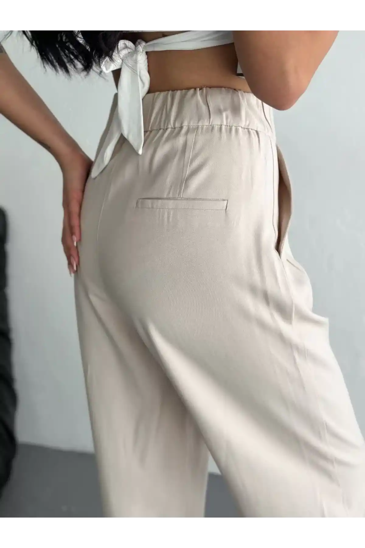 Kadın Yüksel Bel Beli Bağcıklı Rahat Boru Paça Pantalon - Kırık Beyaz