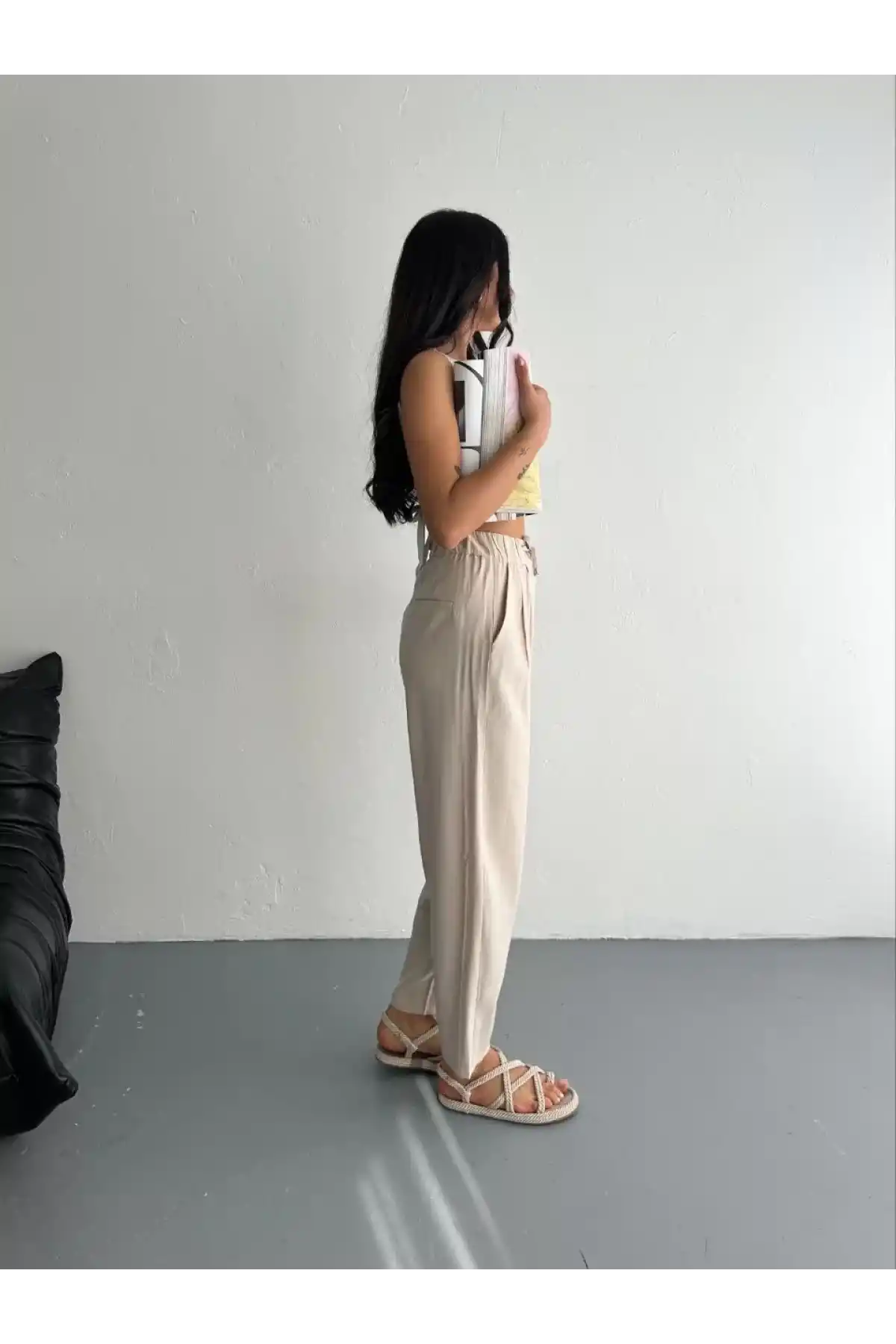 Kadın Yüksel Bel Beli Bağcıklı Rahat Boru Paça Pantalon - Kırık Beyaz