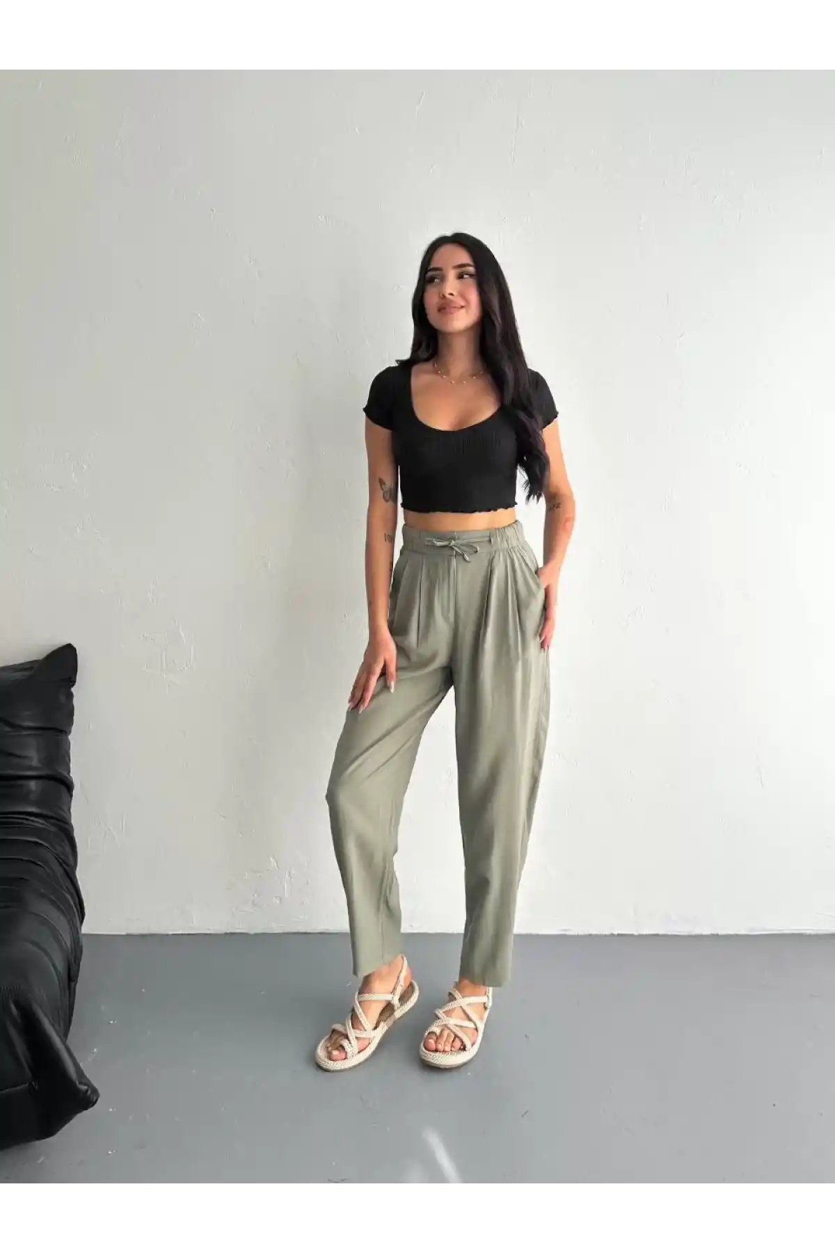 Kadın Yüksel Bel Beli Bağcıklı Cepli Rahat Paça Pantalon - Su Yeşili