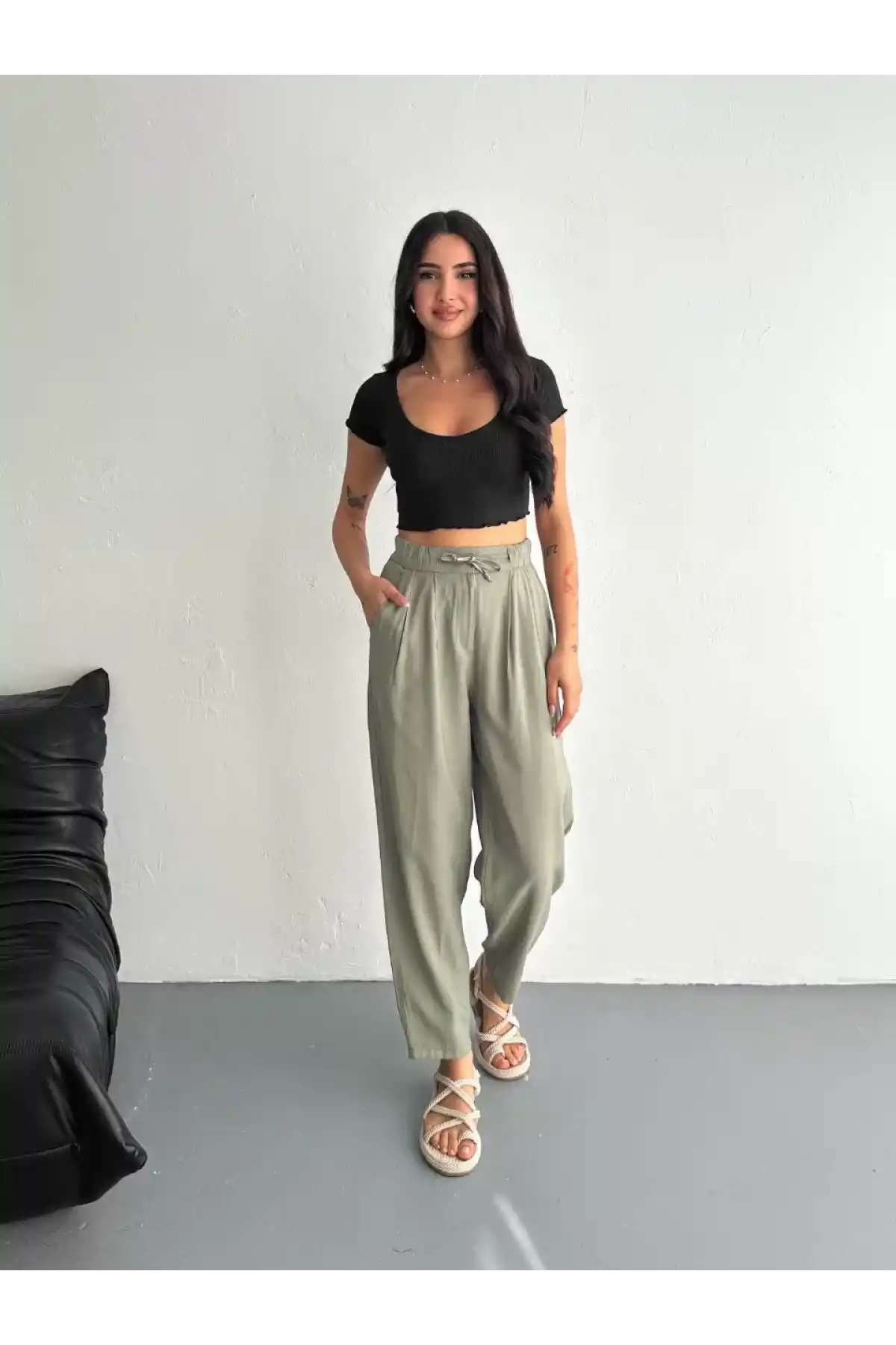 Kadın Yüksel Bel Beli Bağcıklı Cepli Rahat Paça Pantalon - Su Yeşili