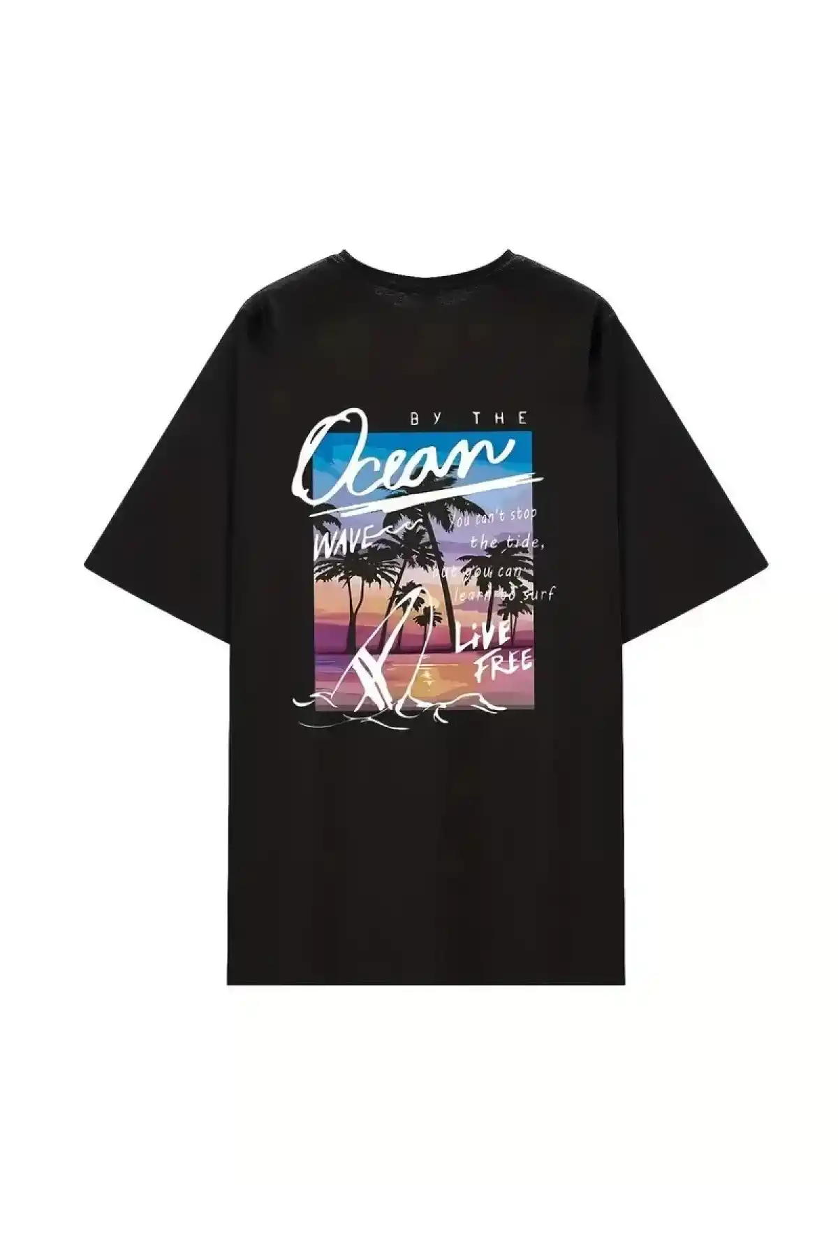 Kadınlar İçin Geniş Kesim Tişört - Kısa Kollu, Bol Kesim, Manzaralı Okyanus Baskı, Günlük Yazlık Üst, Siyah- Siyah