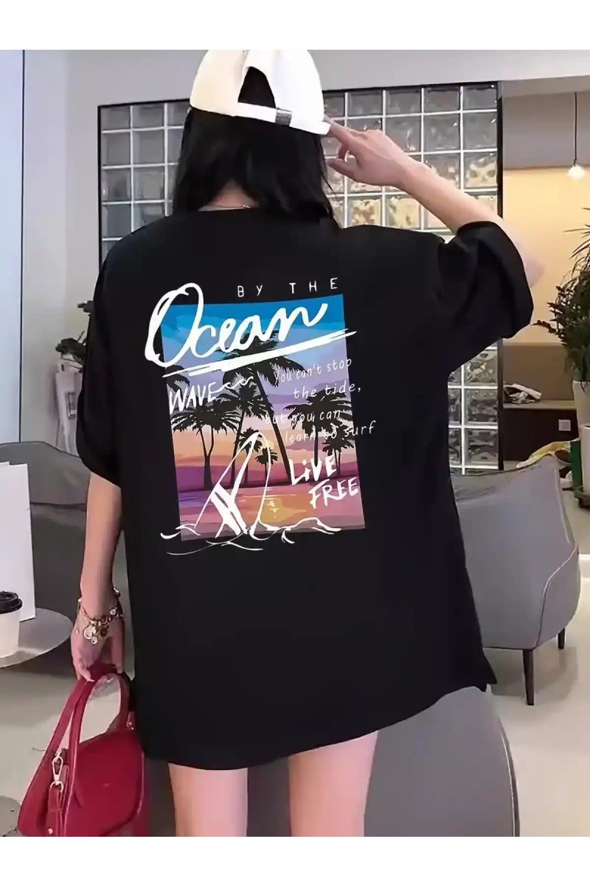 Kadınlar İçin Geniş Kesim Tişört - Kısa Kollu, Bol Kesim, Manzaralı Okyanus Baskı, Günlük Yazlık Üst, Siyah- Siyah