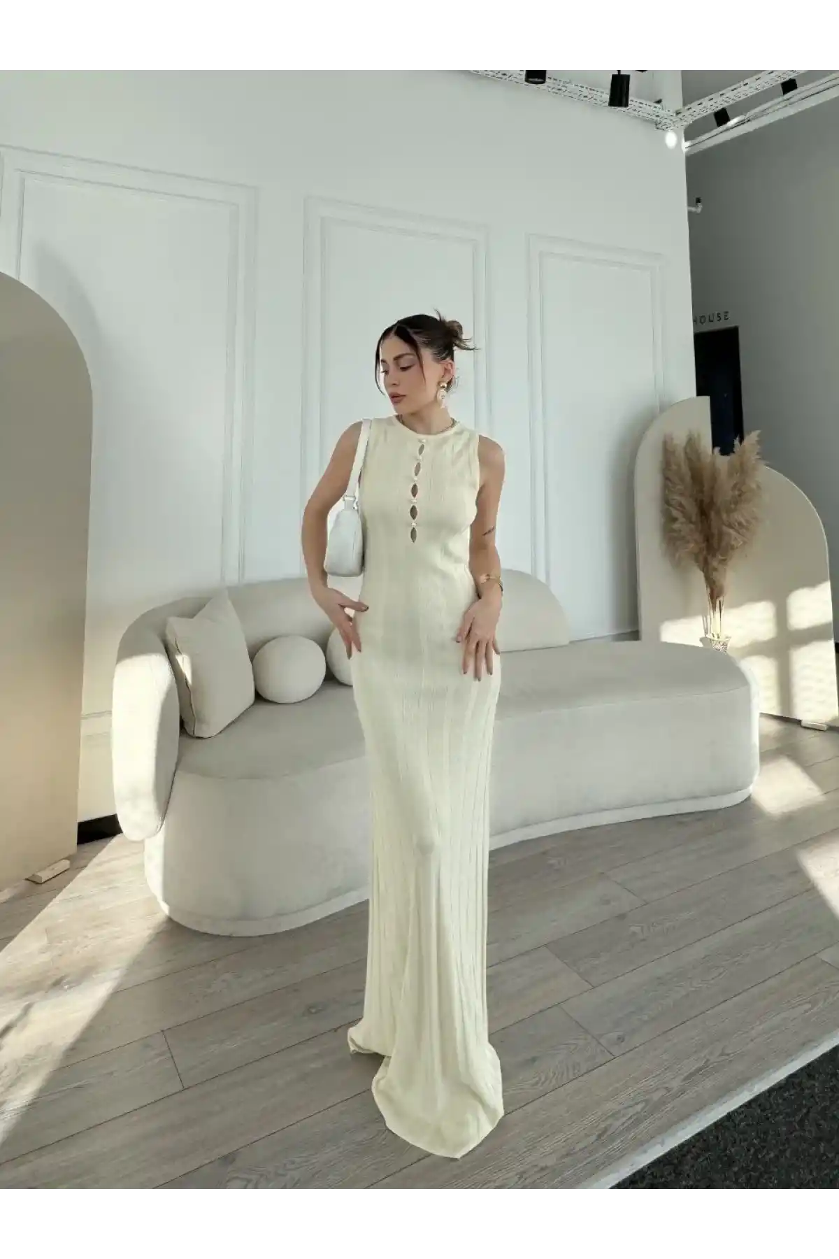 Kalın Fitilli Uzun Triko Elbise - Kırık Beyaz