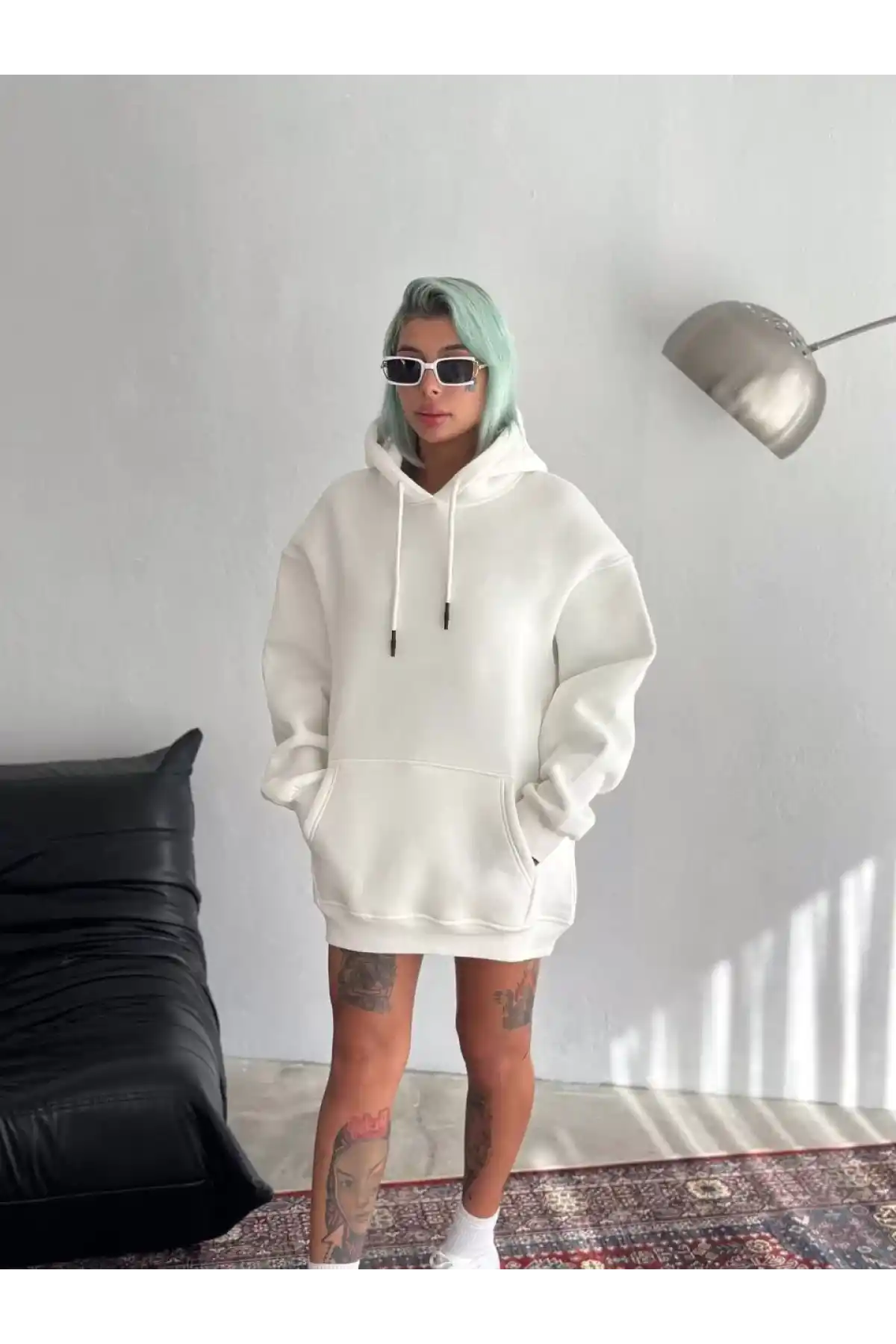 Kapüşonlu Üç İplik Penye Basic SweatShirt - Beyaz