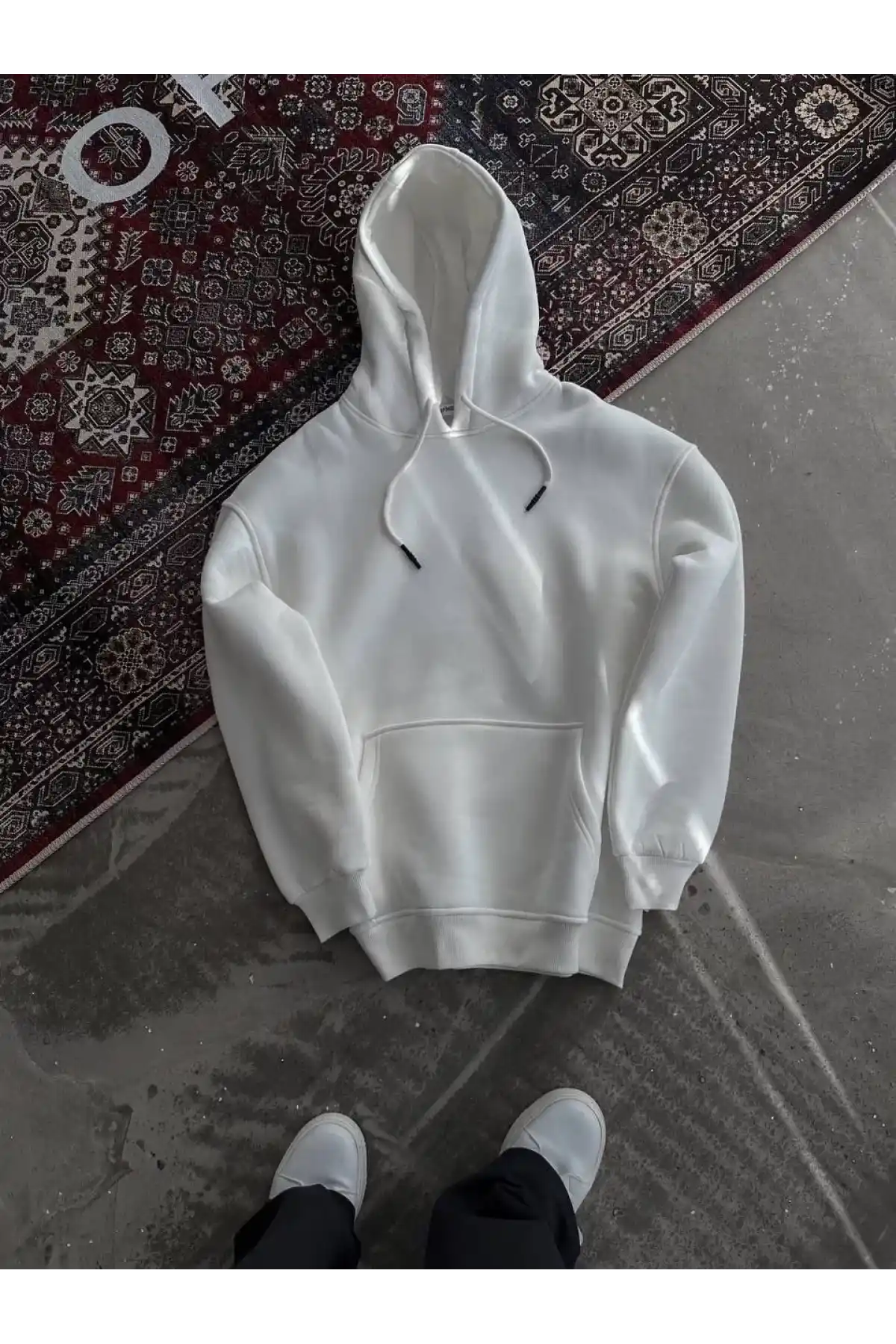 Kapüşonlu Üç İplik Penye Basic SweatShirt - Beyaz