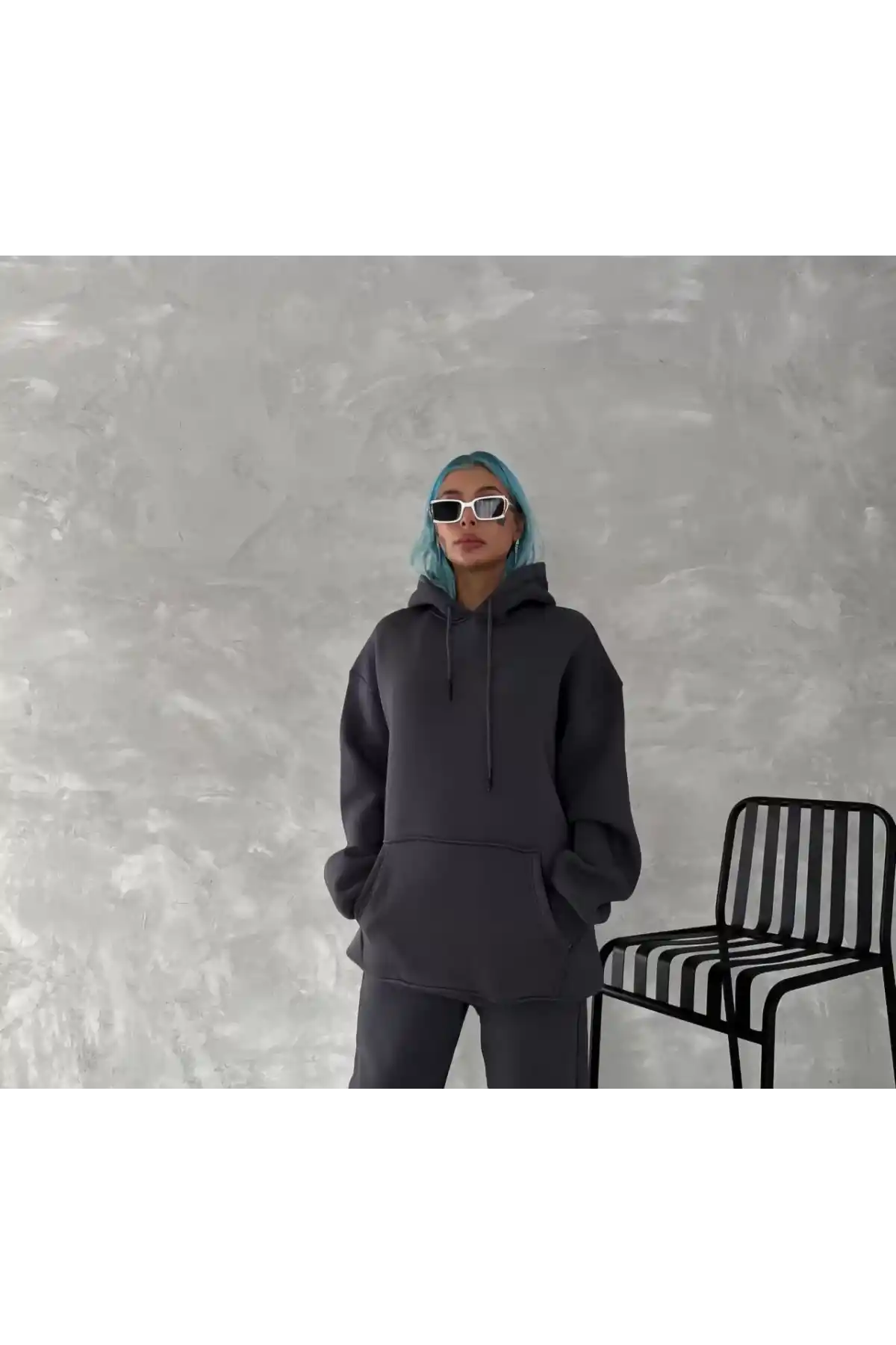 Kapüşonlu Üç İplik Penye Basic SweatShirt - Füme