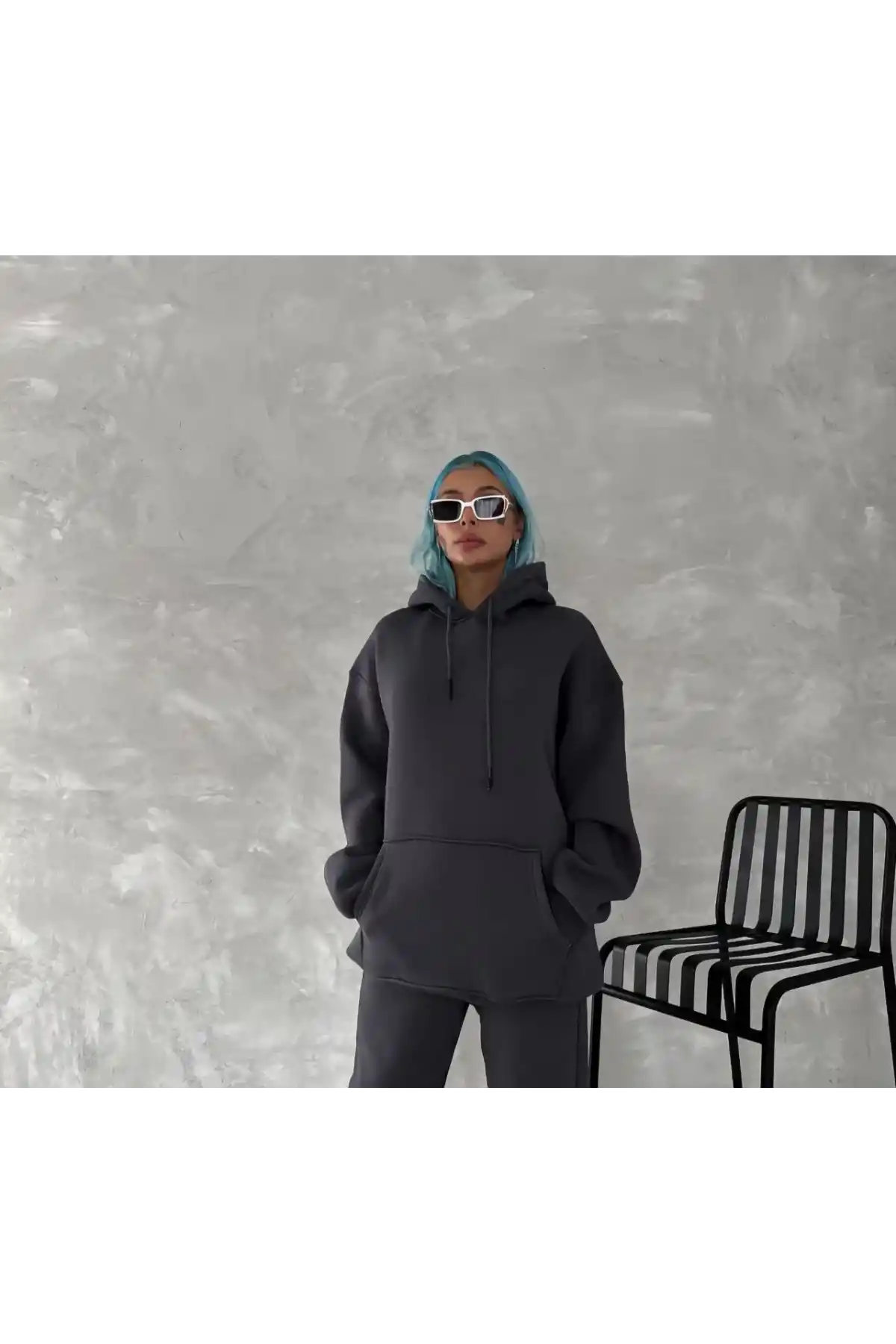 Kapüşonlu Üç İplik Penye Basic SweatShirt - Füme