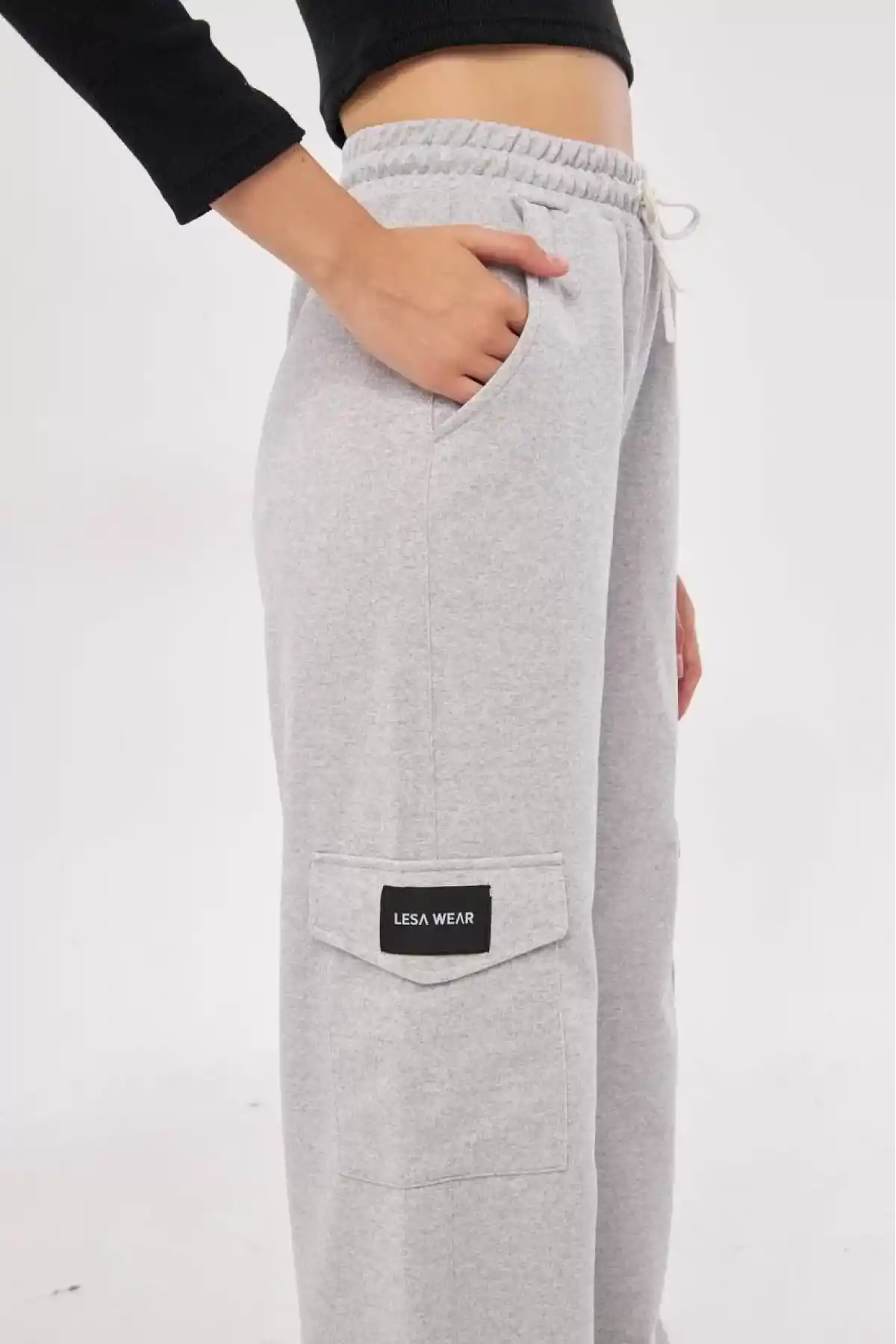 Kargo Cepli Palazzo Oversize Kesim İki iplik Bol Paça Eşofman Altı Pantalon - Gri