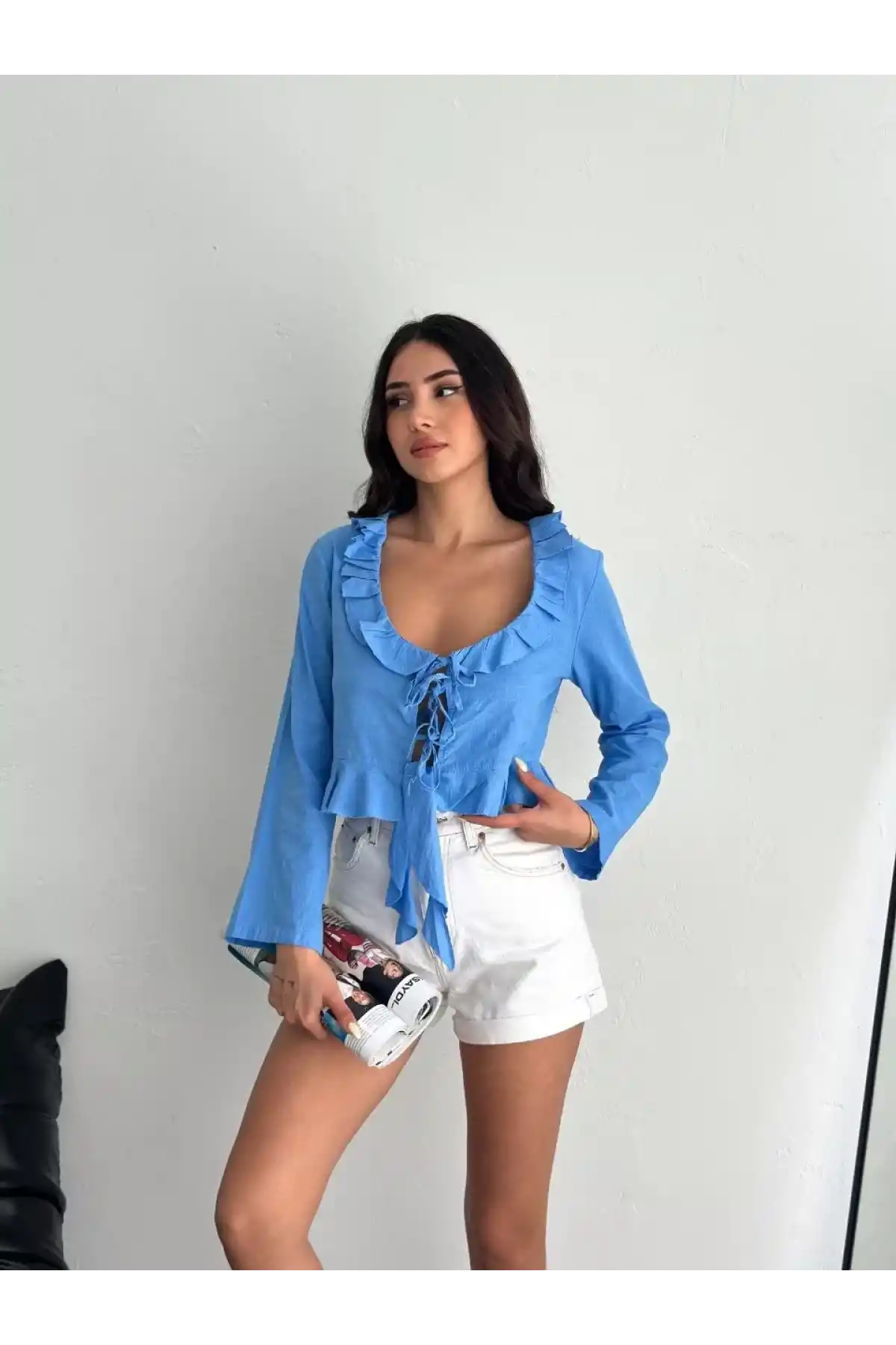 Keten Uzun Kol Bağacık Detaylı Bluz - Mavi