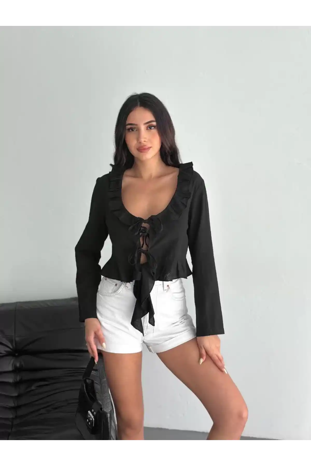 Keten Uzun Kol Bağacık Detaylı Bluz - Siyah