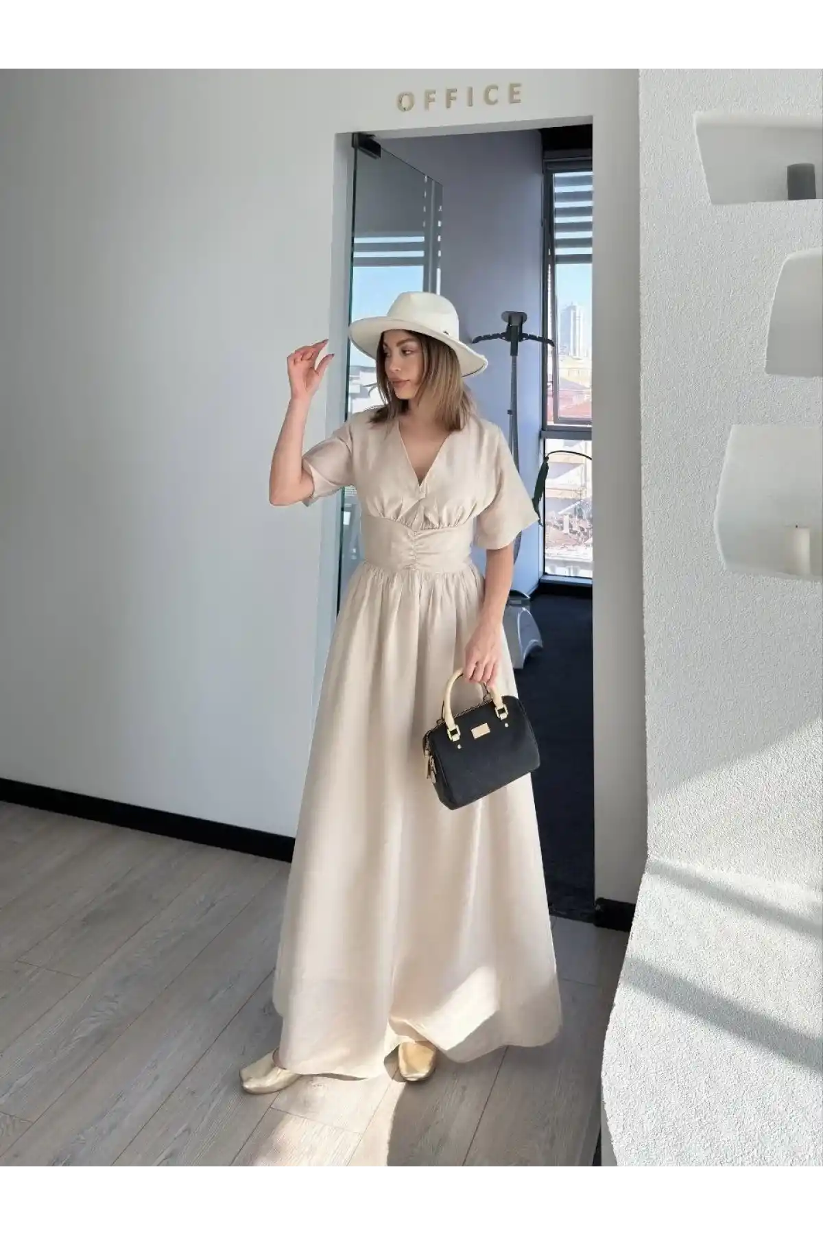 Kısa Kollu Uzun Elbise - Kırık Beyaz