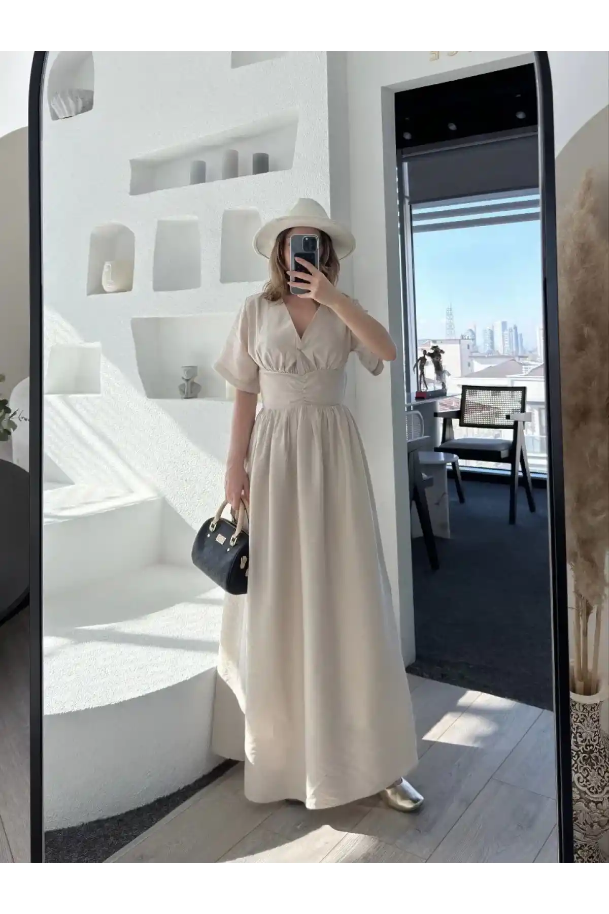 Kısa Kollu Uzun Elbise - Kırık Beyaz