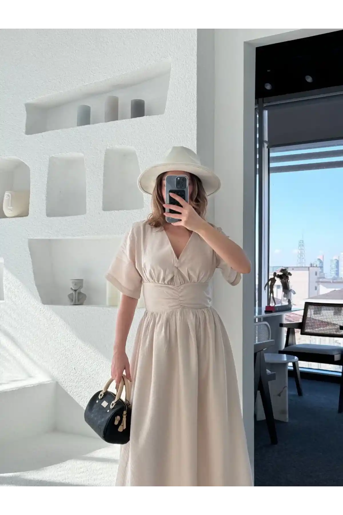 Kısa Kollu Uzun Elbise - Kırık Beyaz