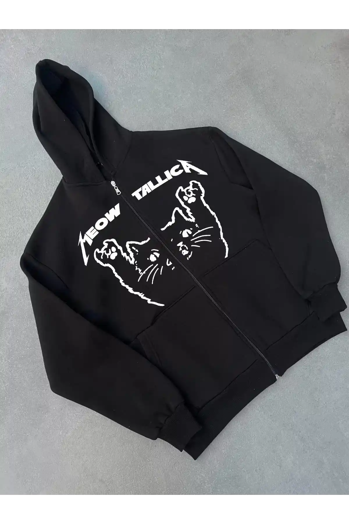 Kışlık Baskılı Fermuarlı Kapüşonlu Hırka - Siyah