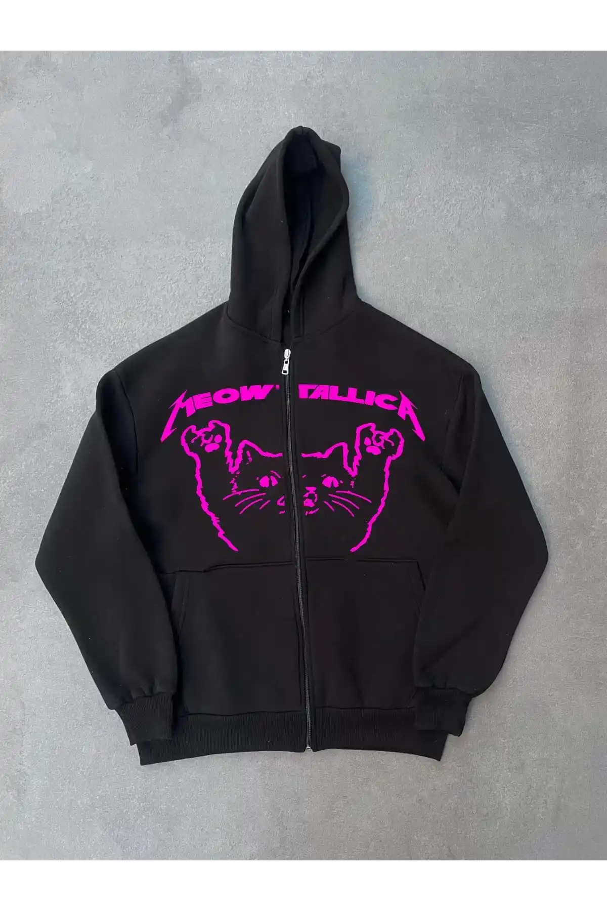 Kışlık Baskılı Fermuarlı Kapüşonlu Hırka - Siyah