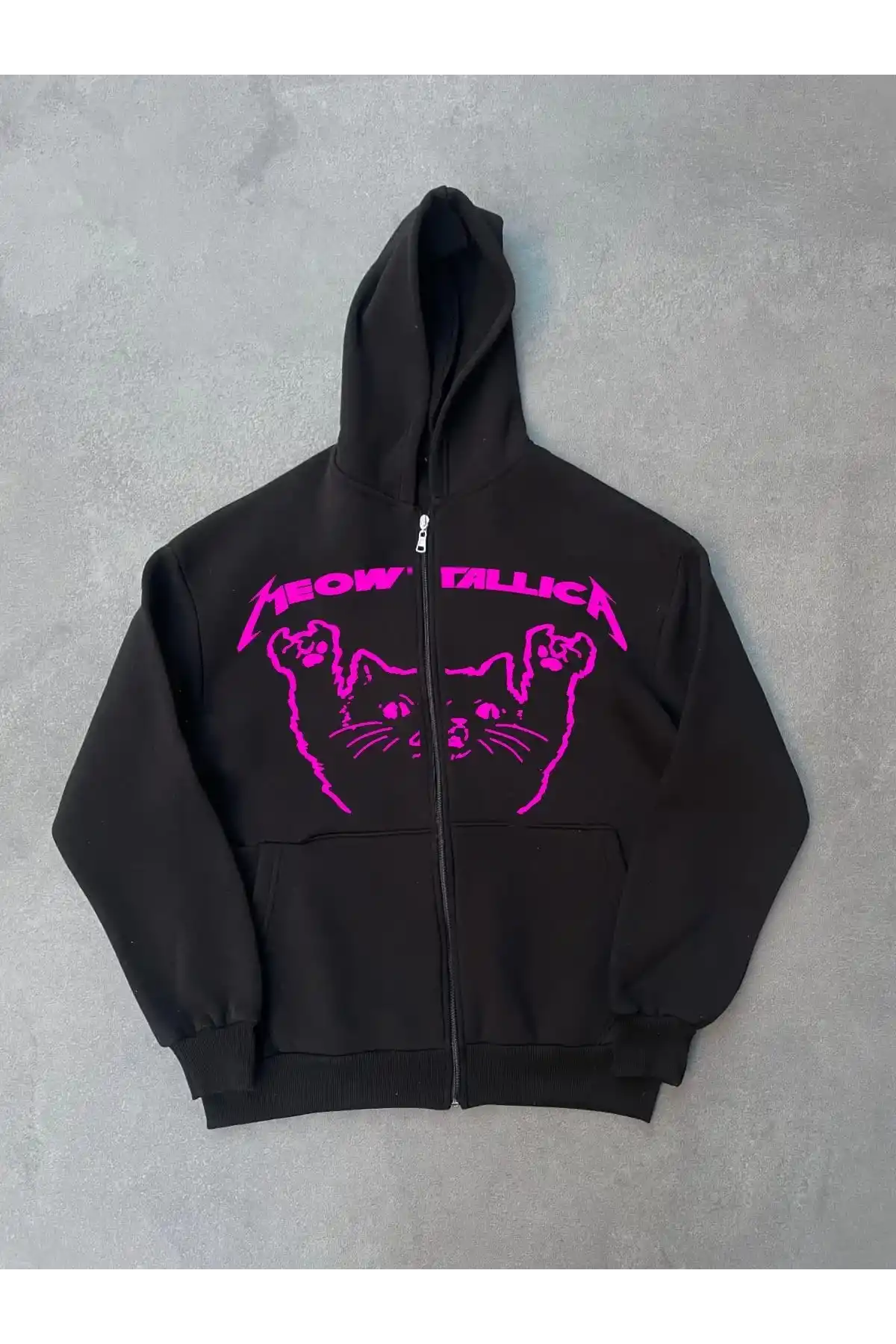 Kışlık Baskılı Fermuarlı Kapüşonlu Hırka - Siyah