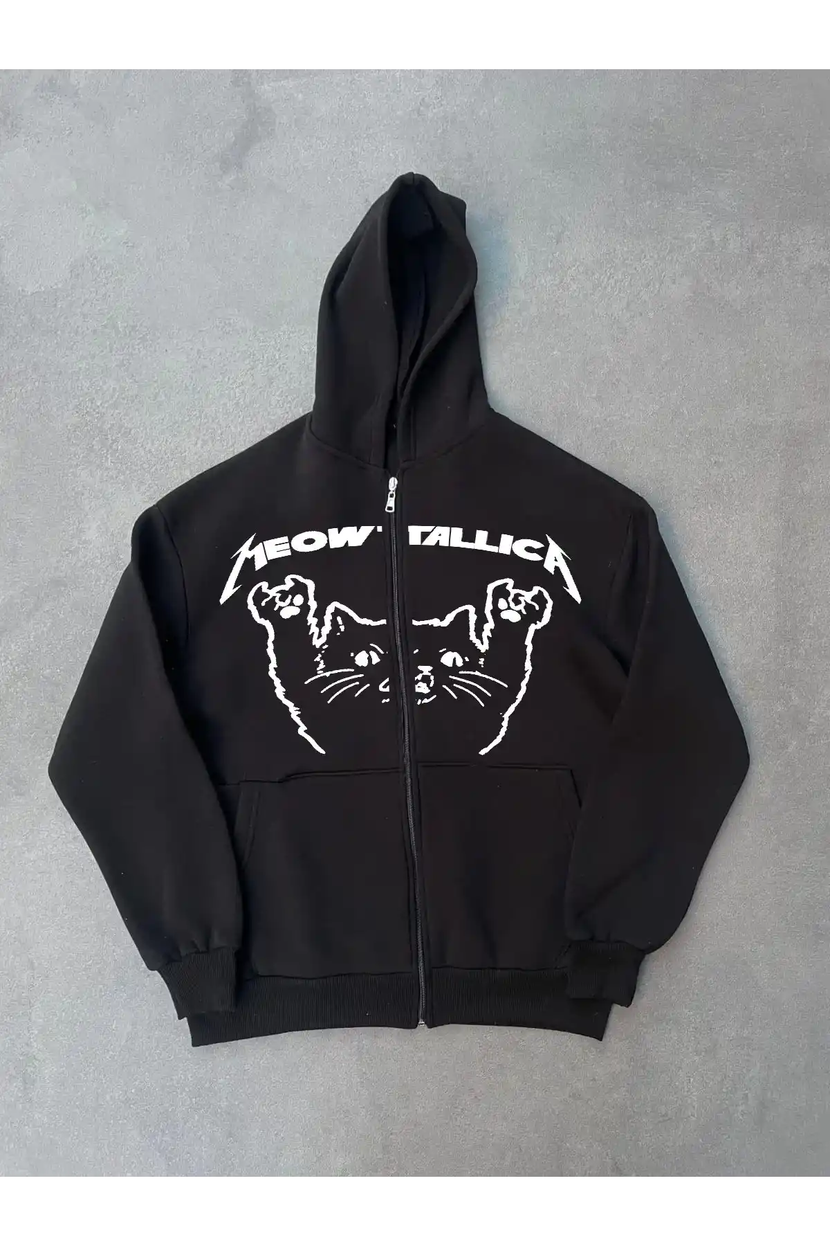 Kışlık Baskılı Fermuarlı Kapüşonlu Hırka - Siyah