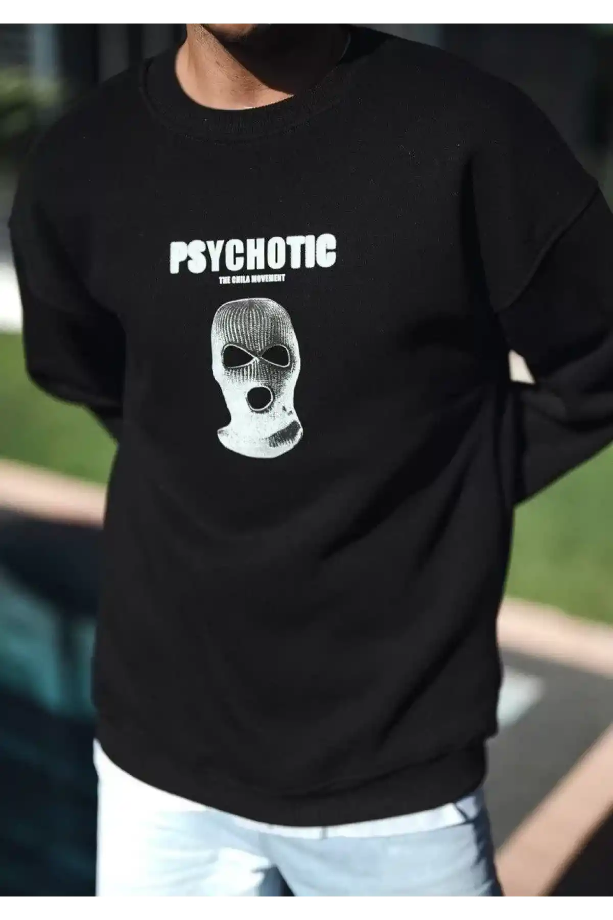 Kışlık Bisiklet Yaka Baskılı SweatShirt - Siyah