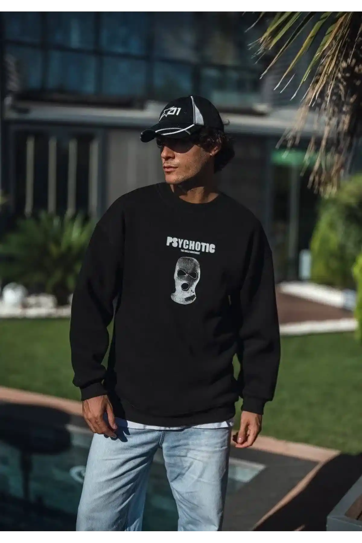 Kışlık Bisiklet Yaka Baskılı SweatShirt - Siyah