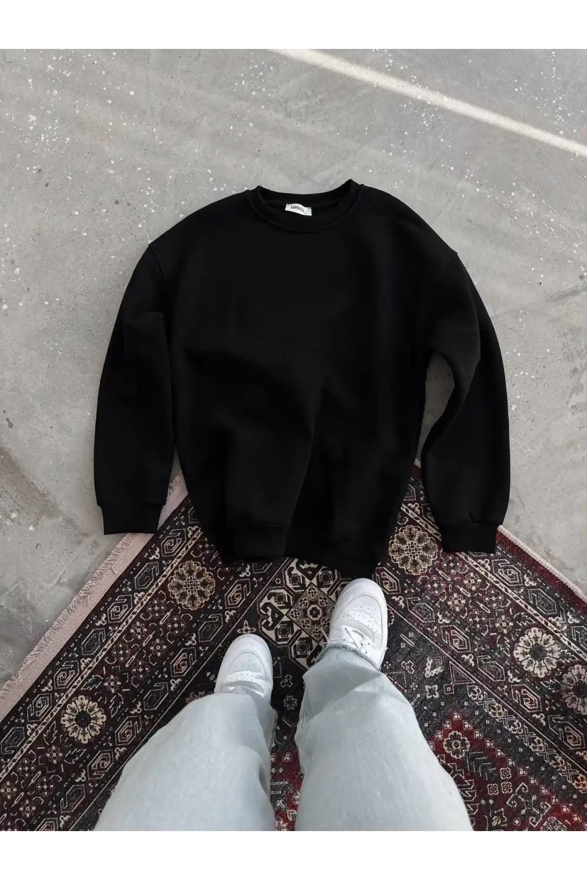 Kışlık Bisiklet Yaka Üç İplik Basic SweatShirt - Siyah