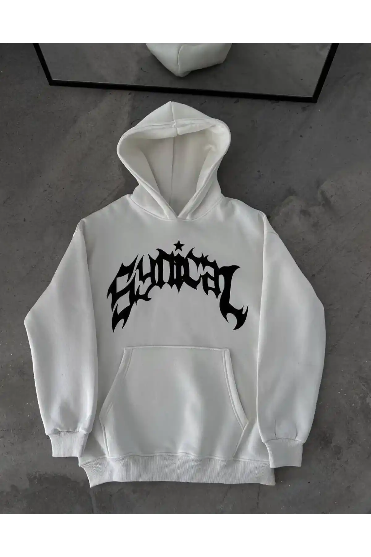 Kışlık Kapüşonlu Baskılı Oversize SweatShirt- Beyaz