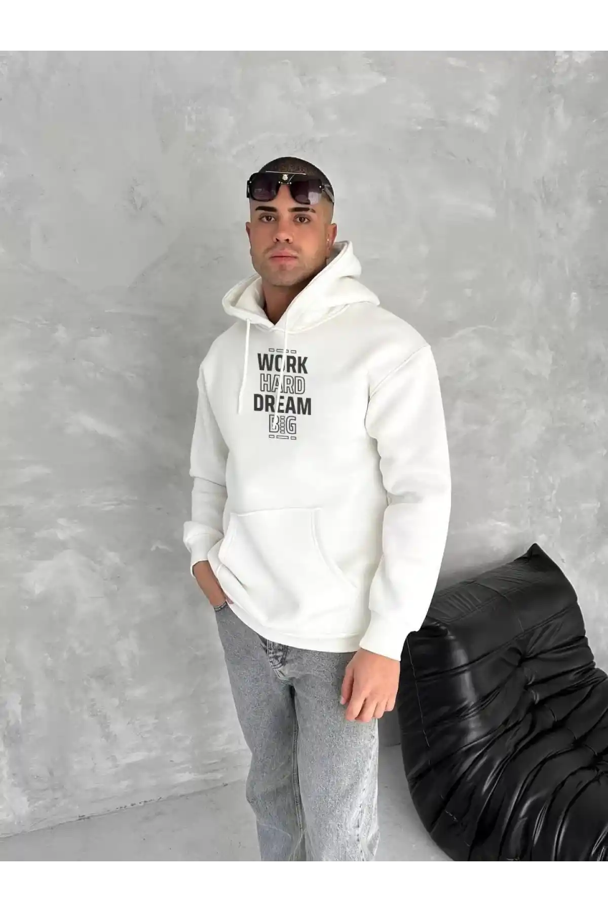 Kışlık Üç İplik Kapüşonlu SweatShirt - Beyaz