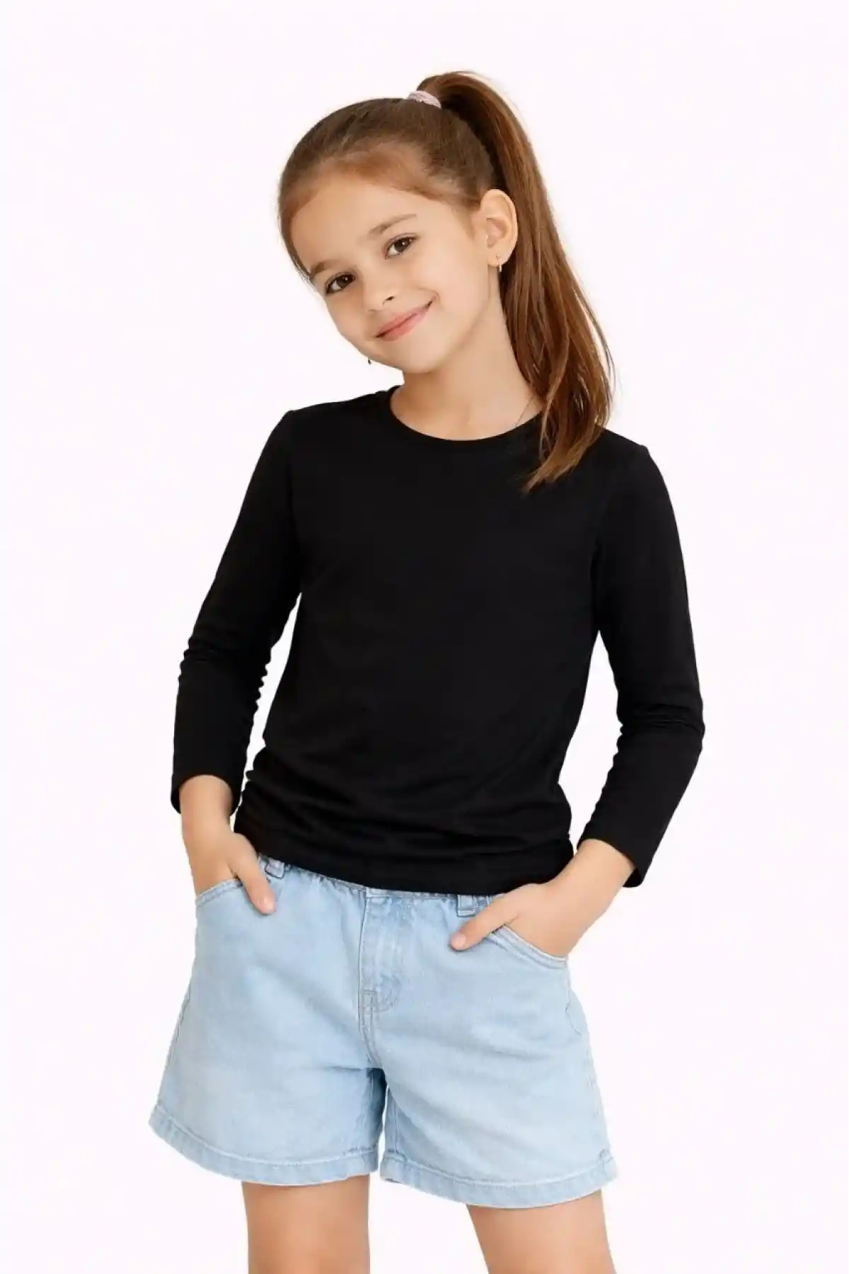 Kız Çocuk Basic Uzun Kollu Tişört Okul Günlük Rahat T-Shirt - Siyah