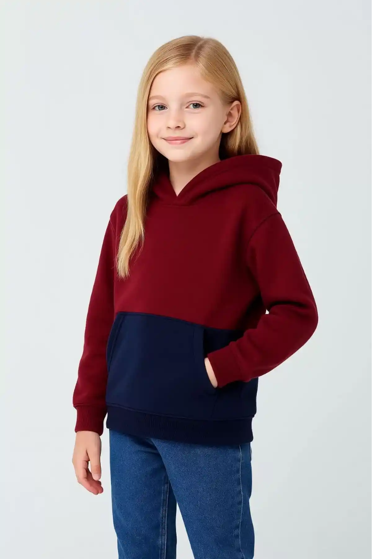 Kız Çocuk Kapüşonlu Kanguru Çepli Parçalı SweatShirt - Renkli