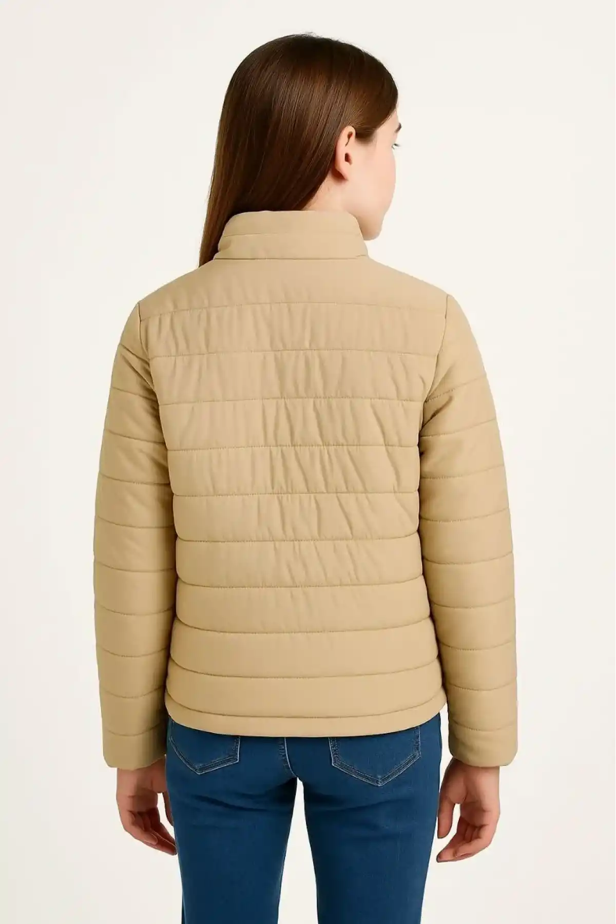 Kız Çocuk Şişme Mont Hafif ve Sıcak Tutucu Kışlık Fermuarlı Su İtici Rahat Günlük Mont Kapüşonuz Modern Tasarım - Bej