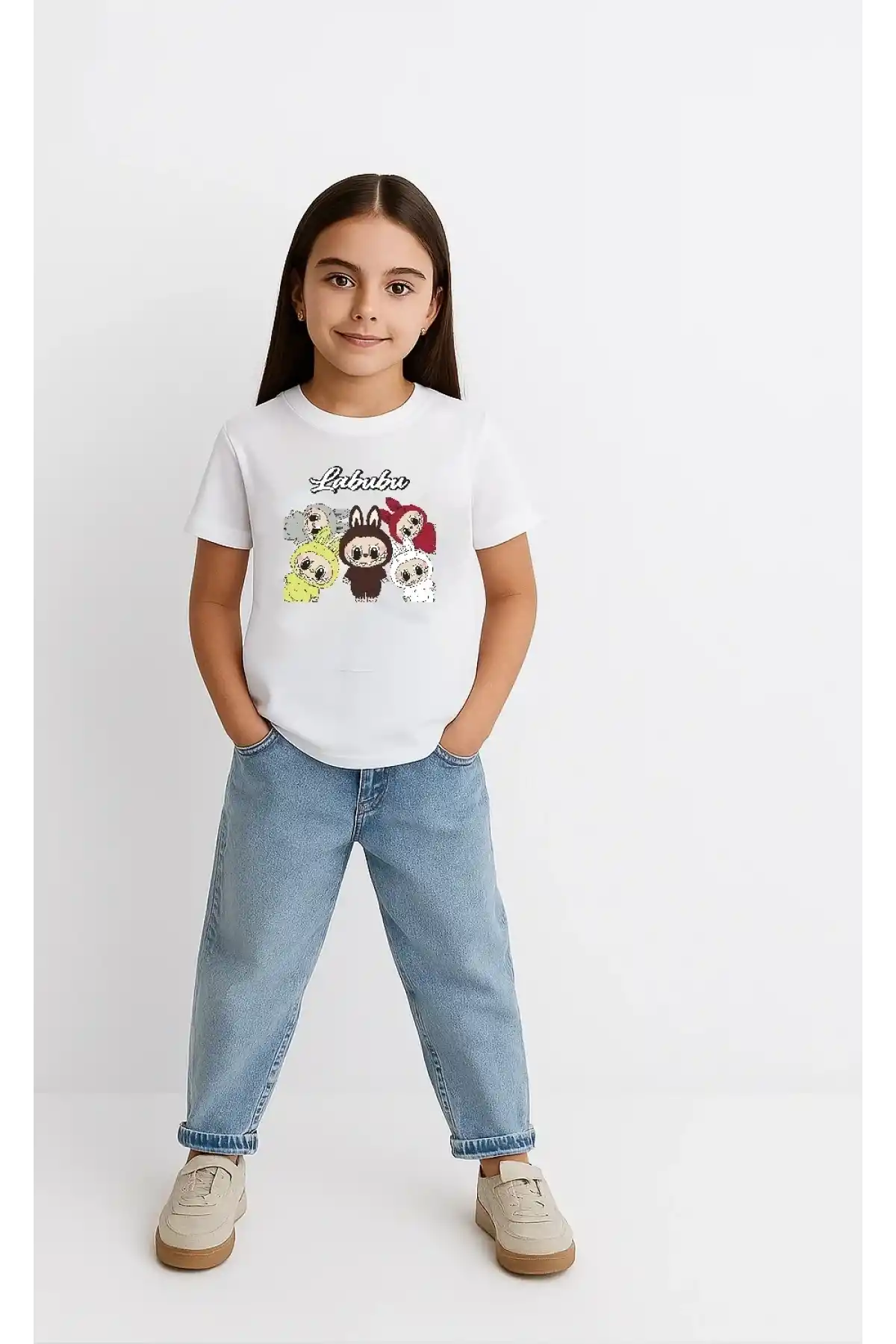 Kız Labubu Çocuk Baskılı T-Shirt - Beyaz