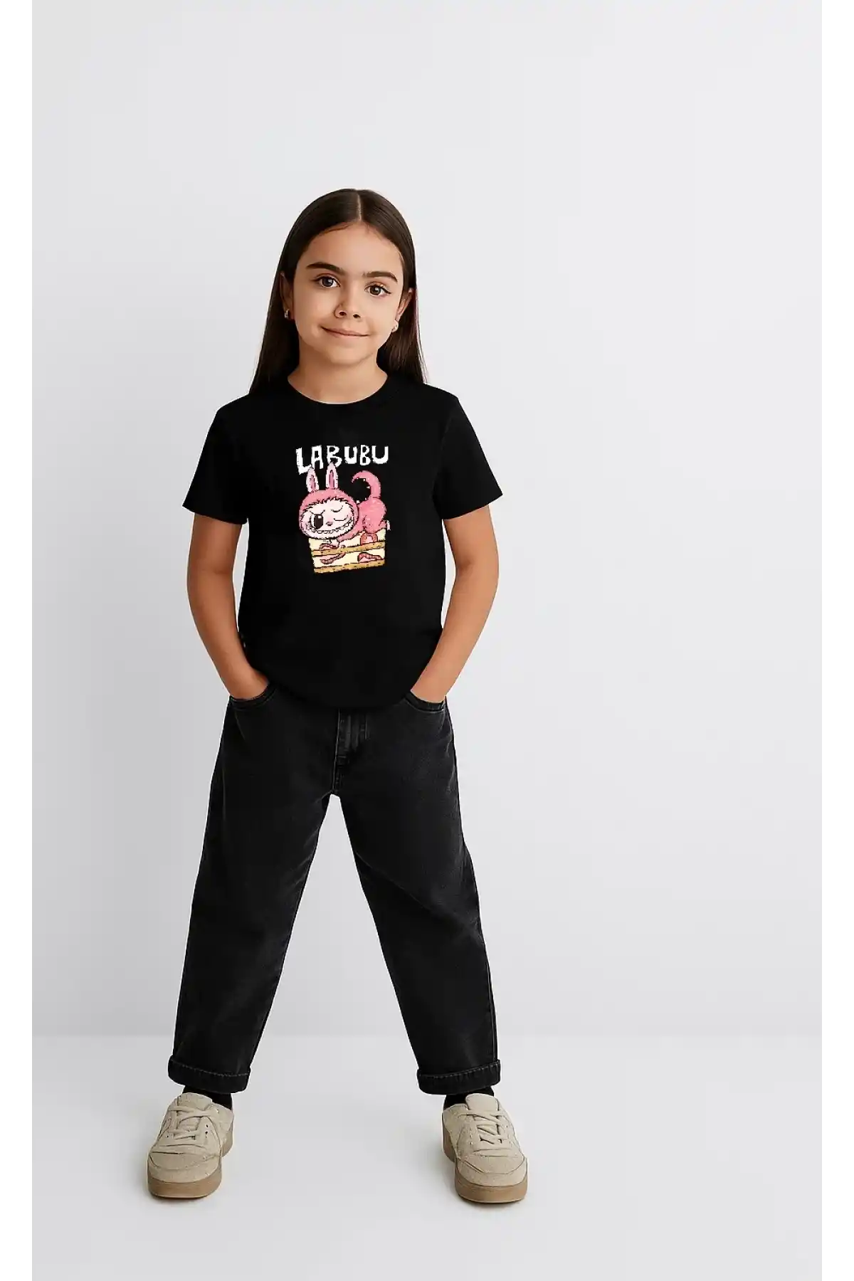 Kız Labubu Çocuk Baskılı T-Shirt - Siyah