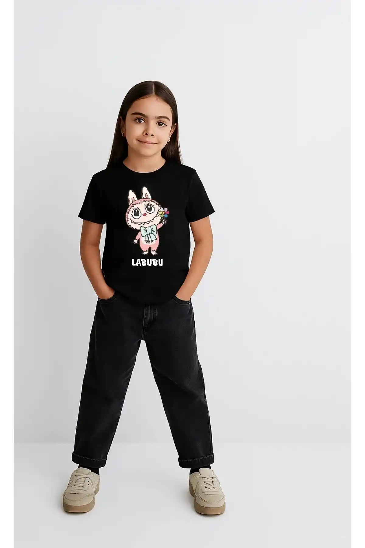 Kız Labubu Çocuk Baskılı T-Shirt - Siyah