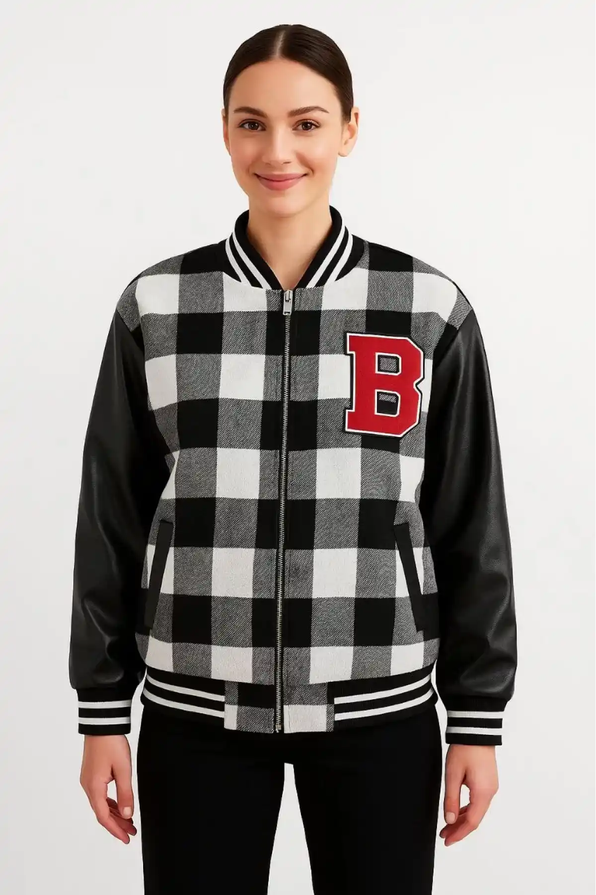 Kadın Kolej Ceket – Kareli Oduncu Kumaş, Kolları Suni Deri, Fermuarlı, İçi Kapitone Astarlı, Nakışlı Oversize Bahar & Kış Stil - Gri