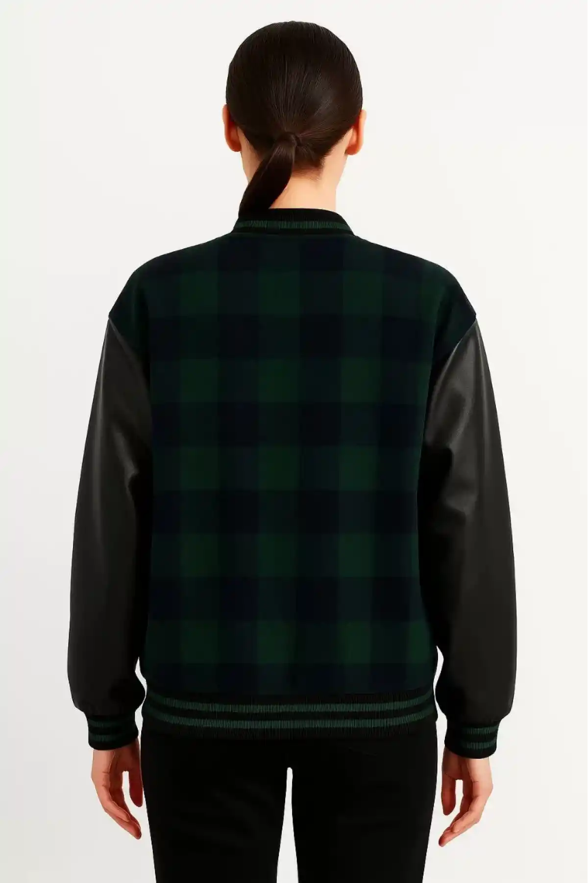 Kadın Kolej Ceket – Kareli Oduncu Kumaş, Kolları Suni Deri, Fermuarlı, İçi Kapitone Astarlı, Nakışlı Oversize Bahar & Kış Stil - Haki