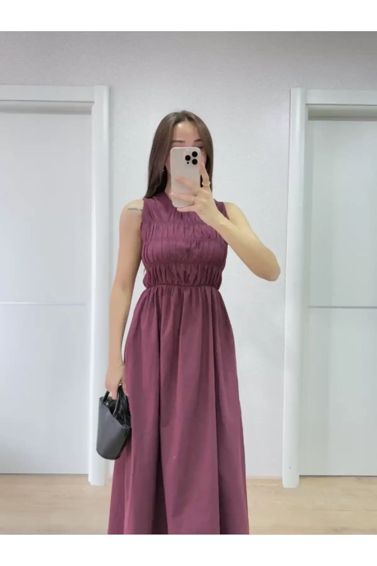 Kolsuz Göğüs Lastıklı %100 Poplin Uzun Elbise - Bordo