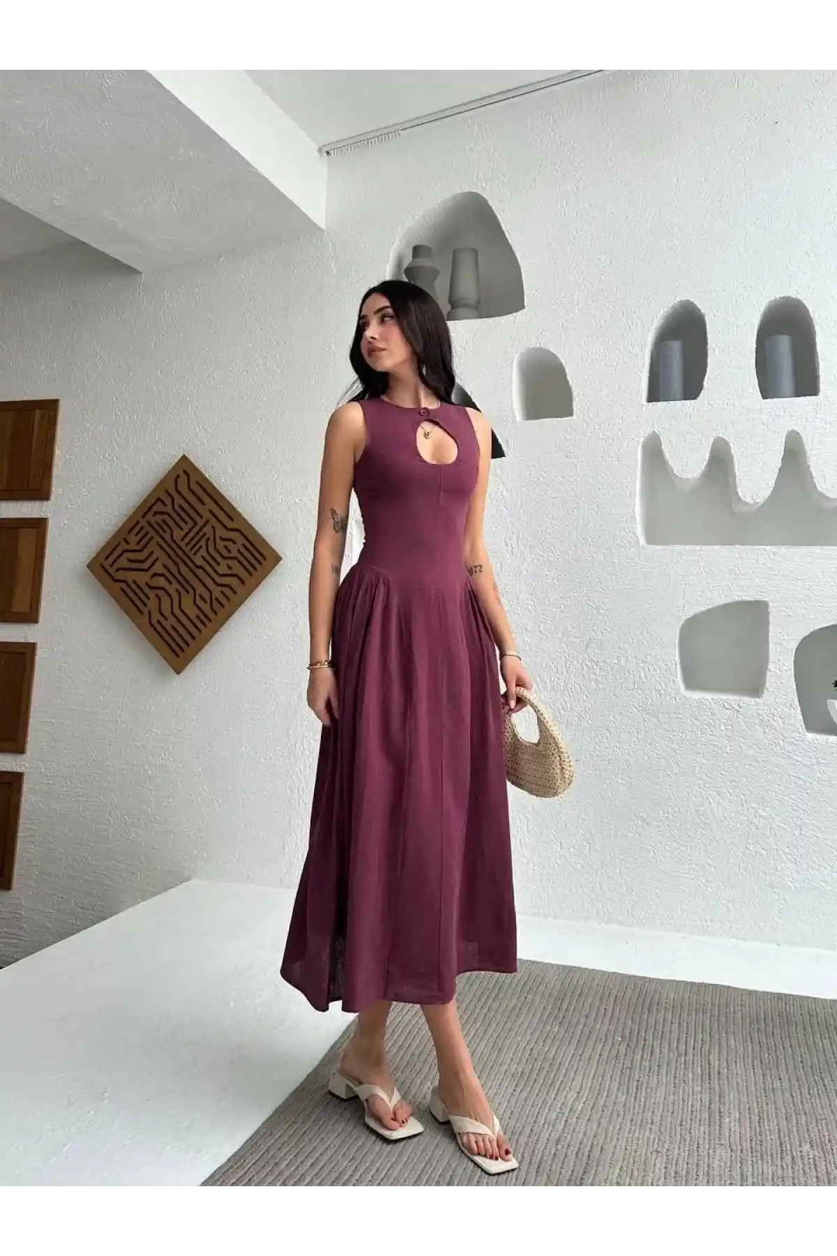 Kolsuz Uzun Kabardin Elbise - Bordo